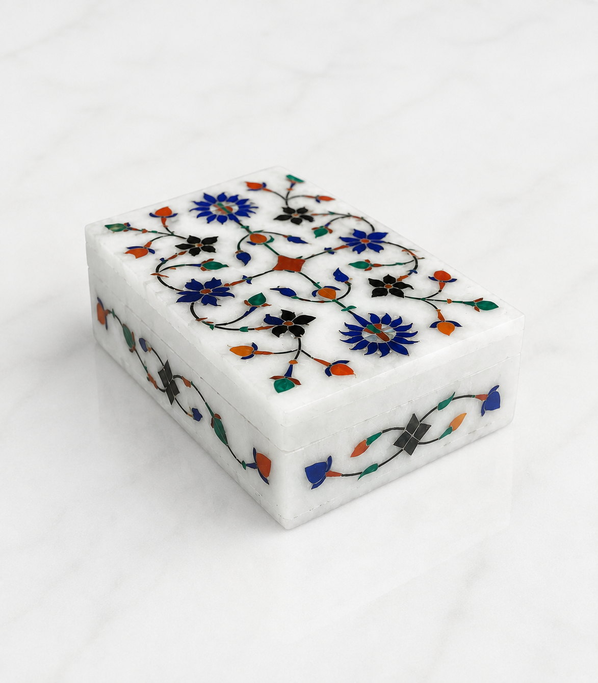 Natural White marble box from Agra, India, | Marble Pietra Dura Jewelry Store Box