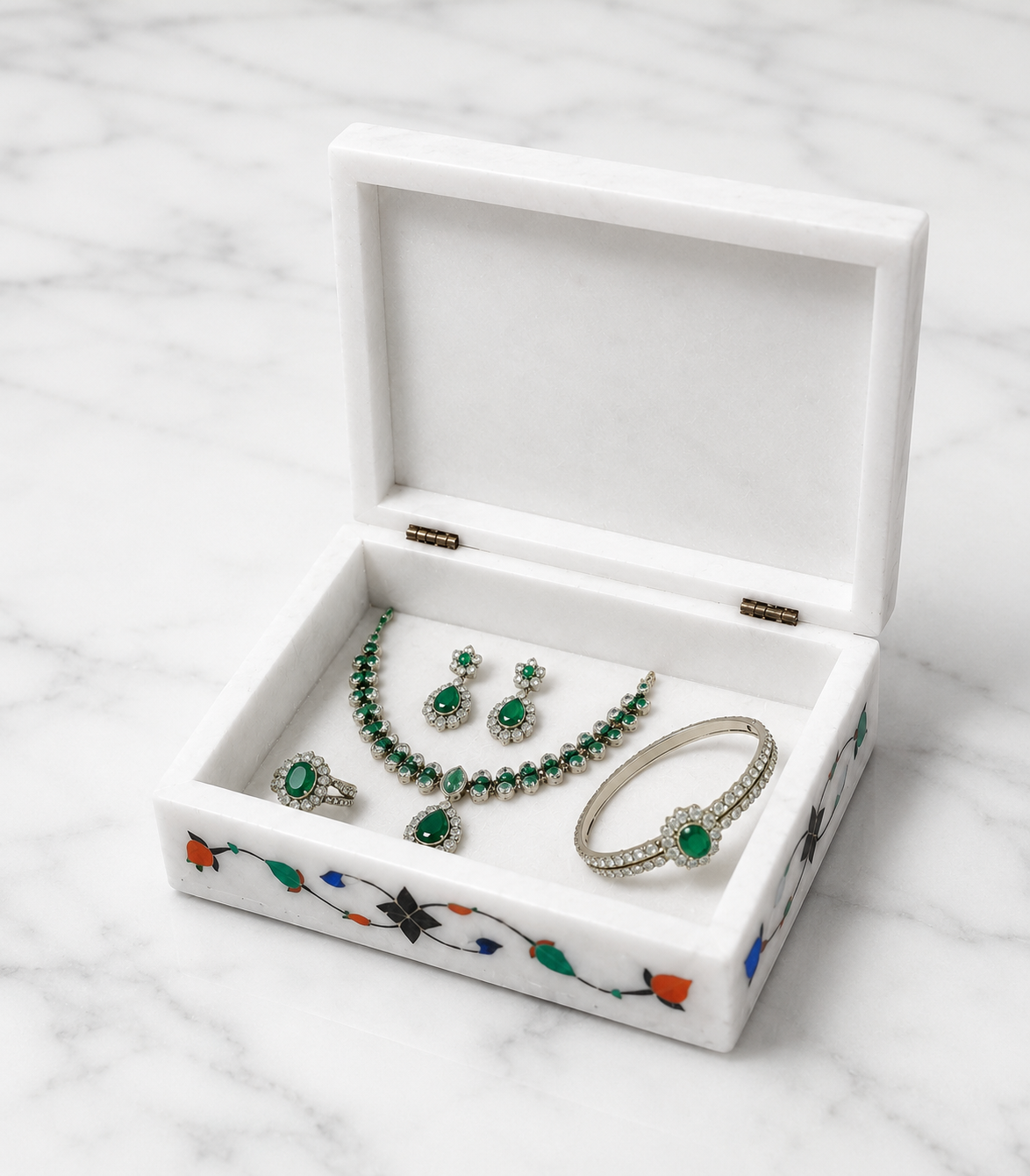 Natural White marble box from Agra, India, | Marble Pietra Dura Jewelry Store Box