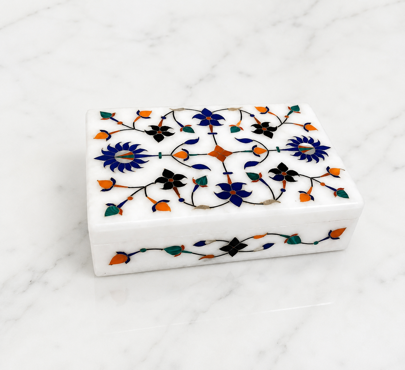 Natural White marble box from Agra, India, | Marble Pietra Dura Jewelry Store Box