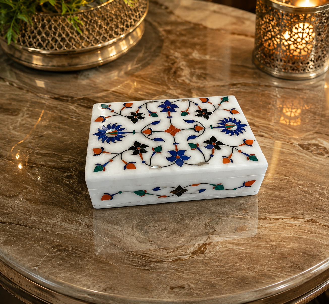 (6"x4"x2")Handmade White Marble Inlay Jewellery Box, Floral Pietra Dura jewellery storage Box