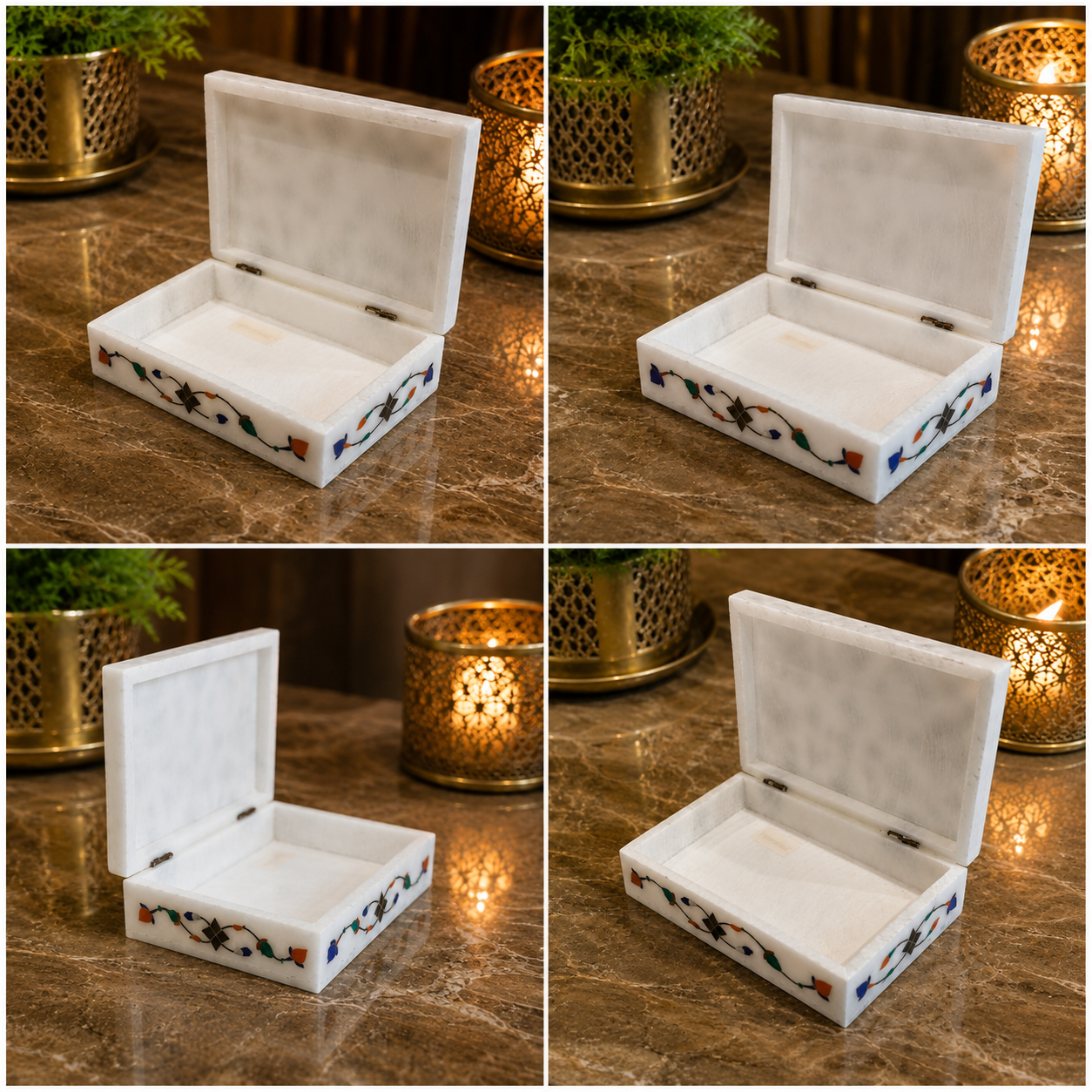 (6"x4"x2")Handmade White Marble Inlay Jewellery Box, Floral Pietra Dura jewellery storage Box