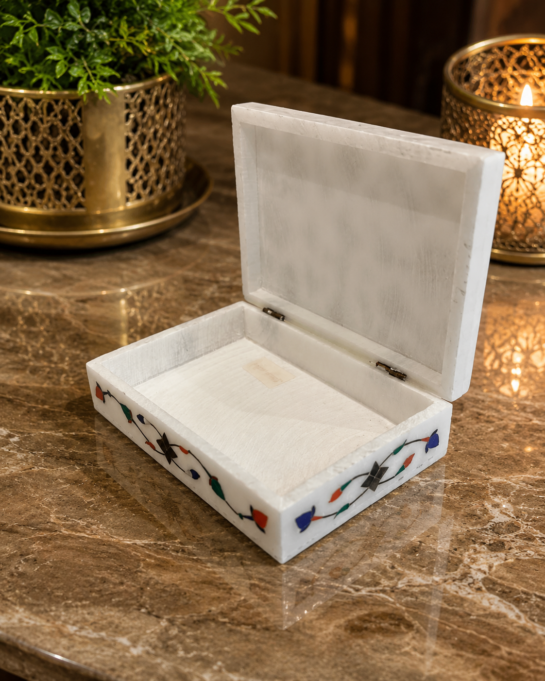 (6"x4"x2")Handmade White Marble Inlay Jewellery Box, Floral Pietra Dura jewellery storage Box