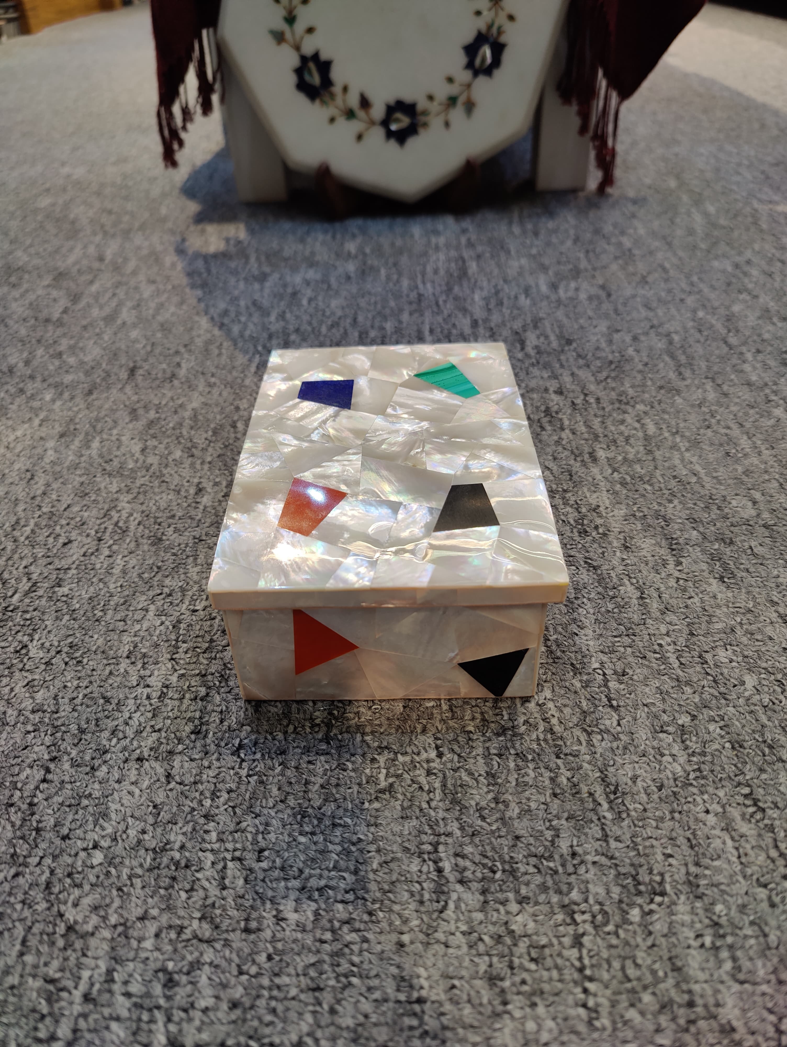 Handcrafted Mother of Pearl Mosaic Decorative Storage Box with Gemstone Inlay