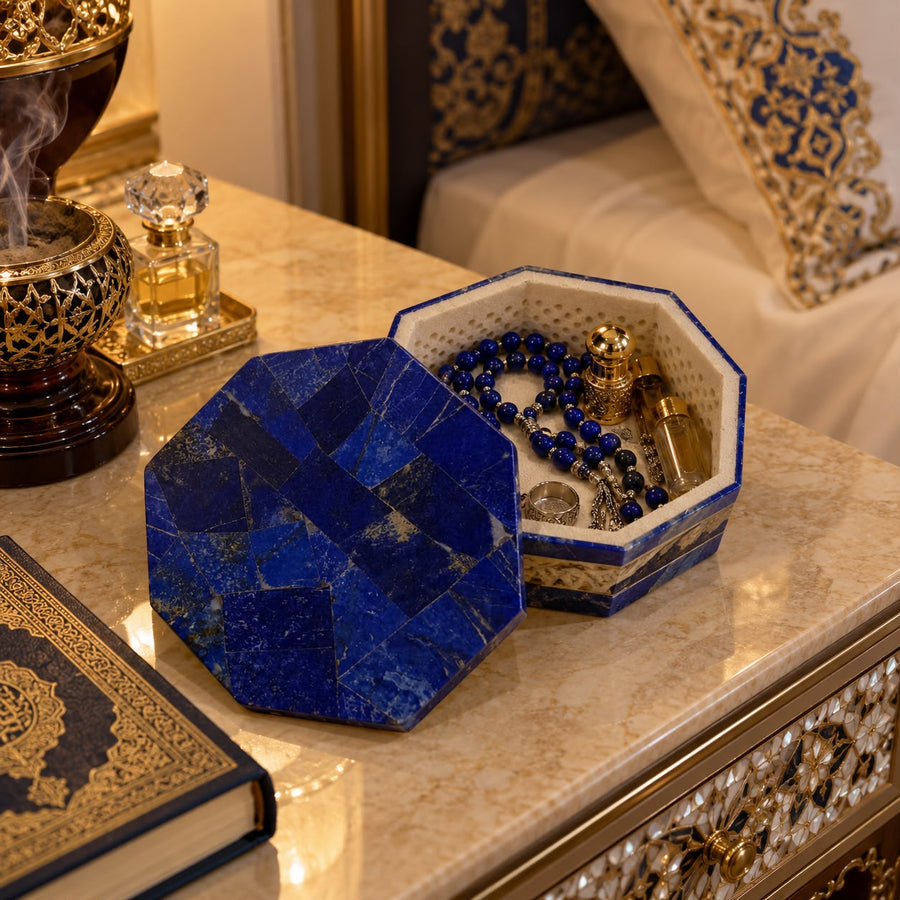 Handcrafted Lapis Lazuli & White Marble Jewellery Box