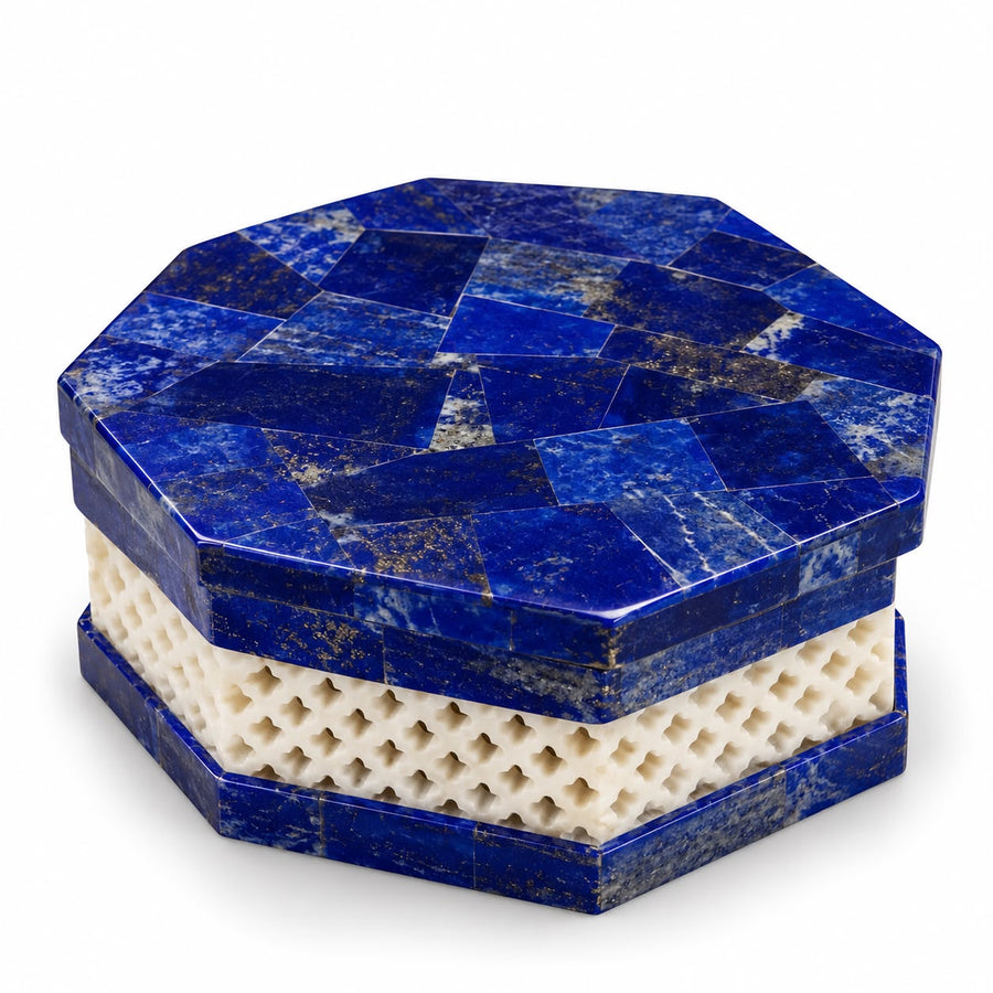 Handcrafted Lapis Lazuli & White Marble Jewellery Box