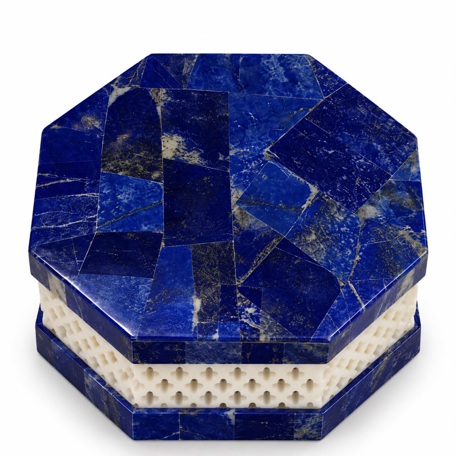 Handcrafted Lapis Lazuli & White Marble Jewellery Box