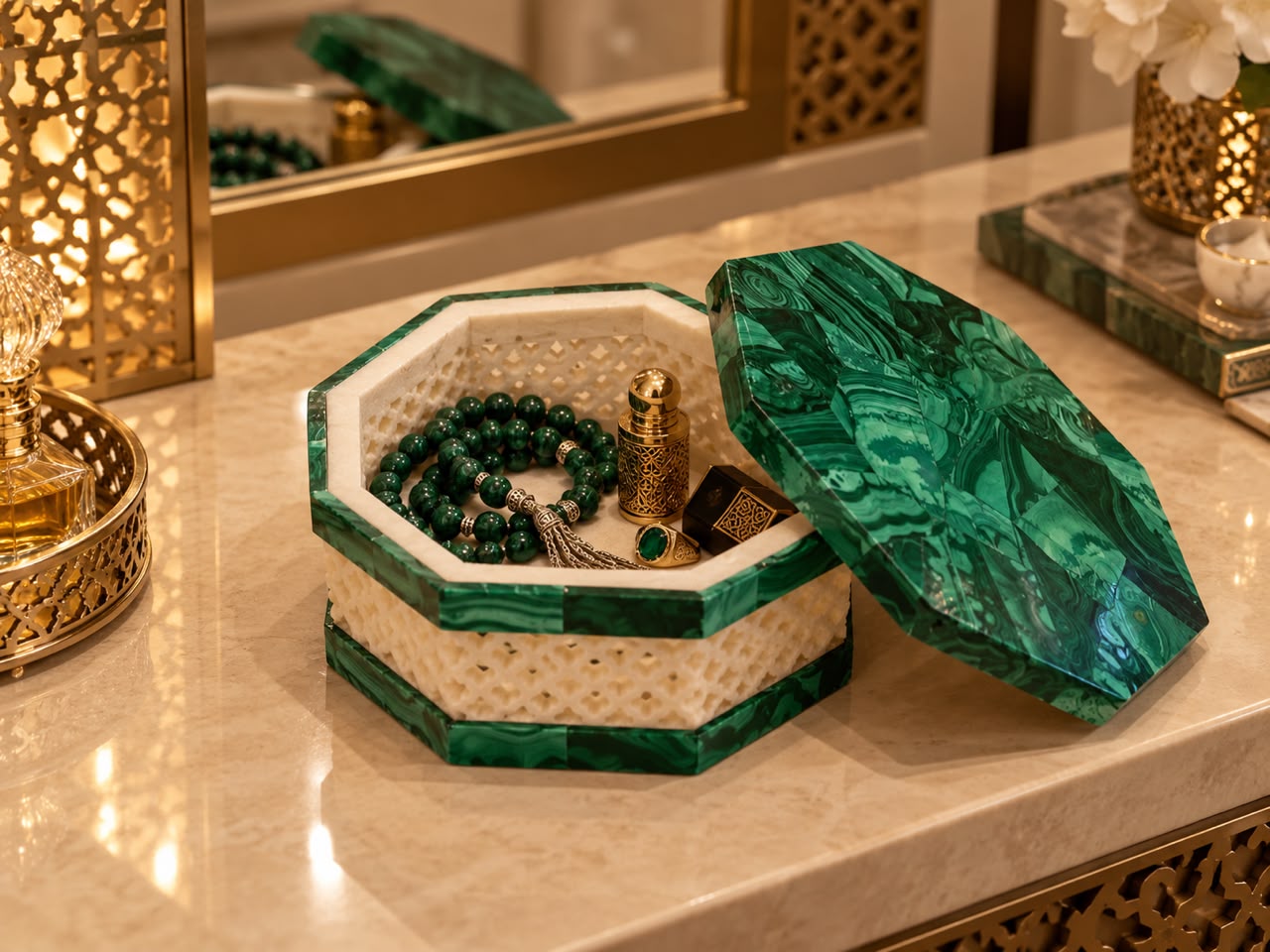 Handcrafted Malachite & White Marble Octagonal Jewellery Box