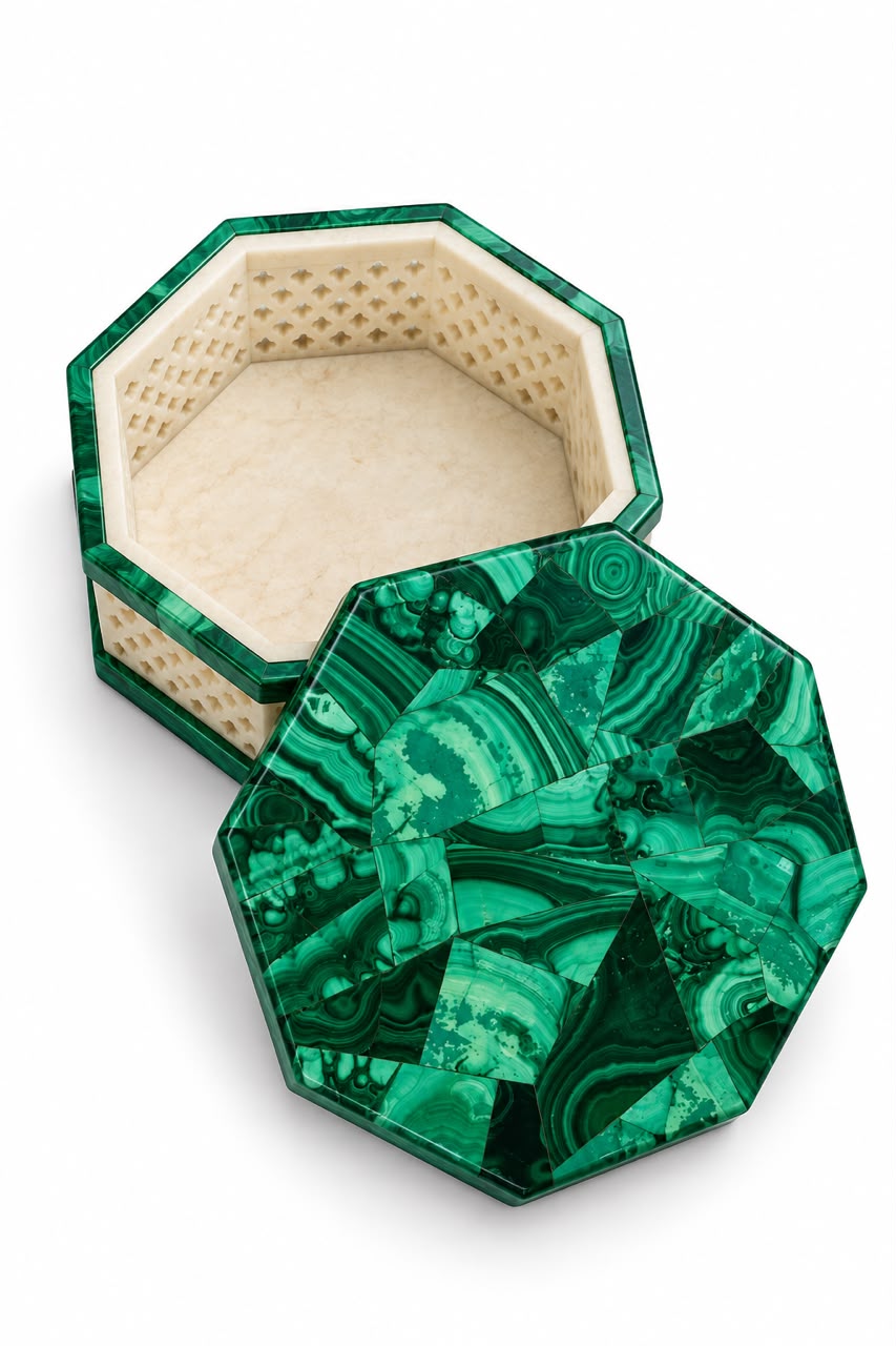 Handcrafted Malachite & White Marble Octagonal Jewellery Box