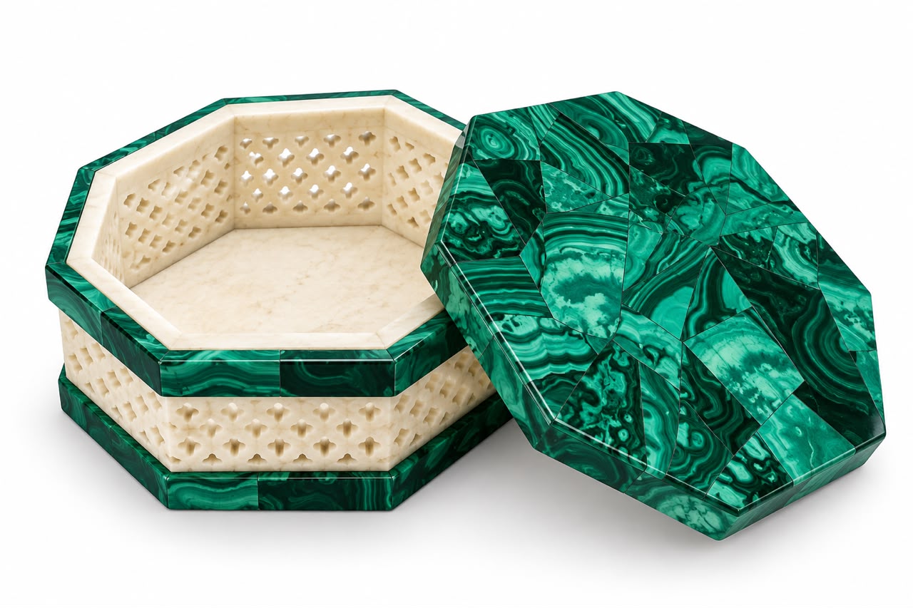 Handcrafted Malachite & White Marble Octagonal Jewellery Box