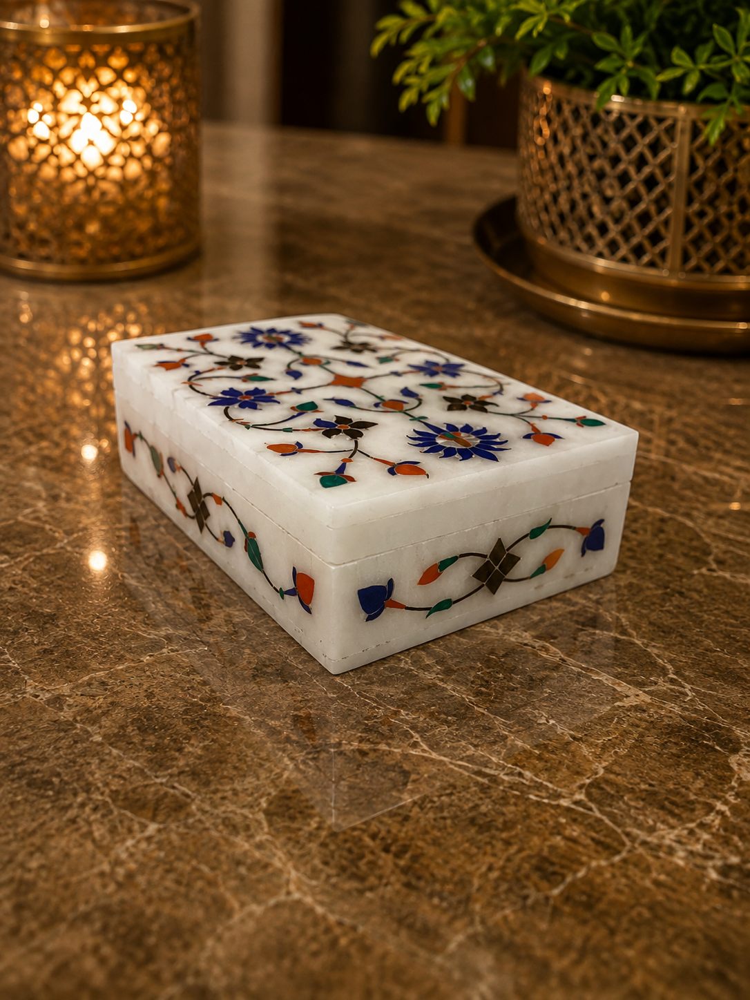 (6"x4"x2")Handmade White Marble Inlay Jewellery Box, Floral Pietra Dura jewellery storage Box