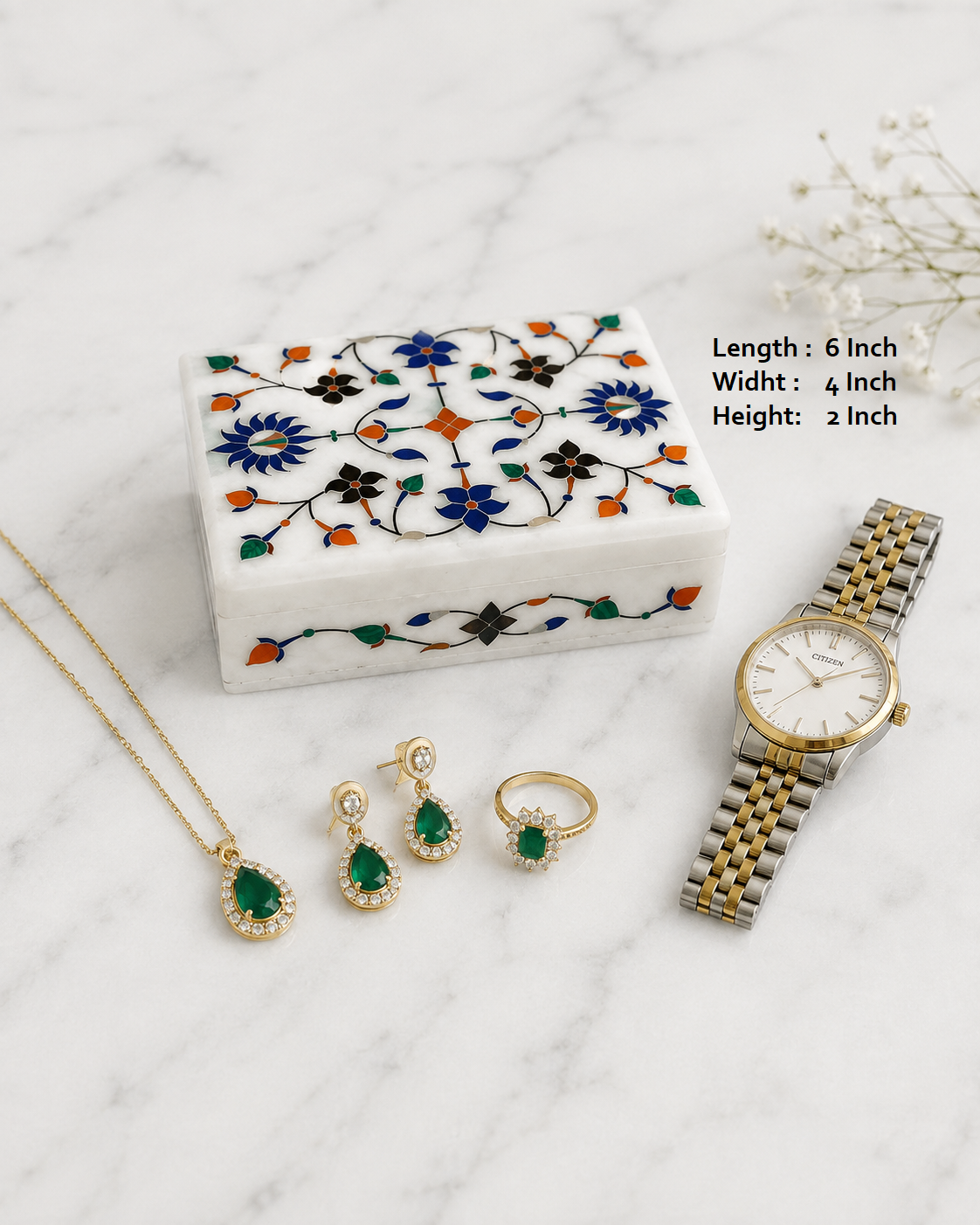Natural White marble box from Agra, India, | Marble Pietra Dura Jewelry Store Box