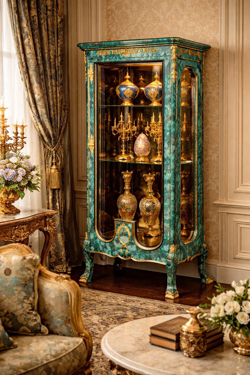 Handcrafted Malachite Display Cabinet with Gilded Brass Accents