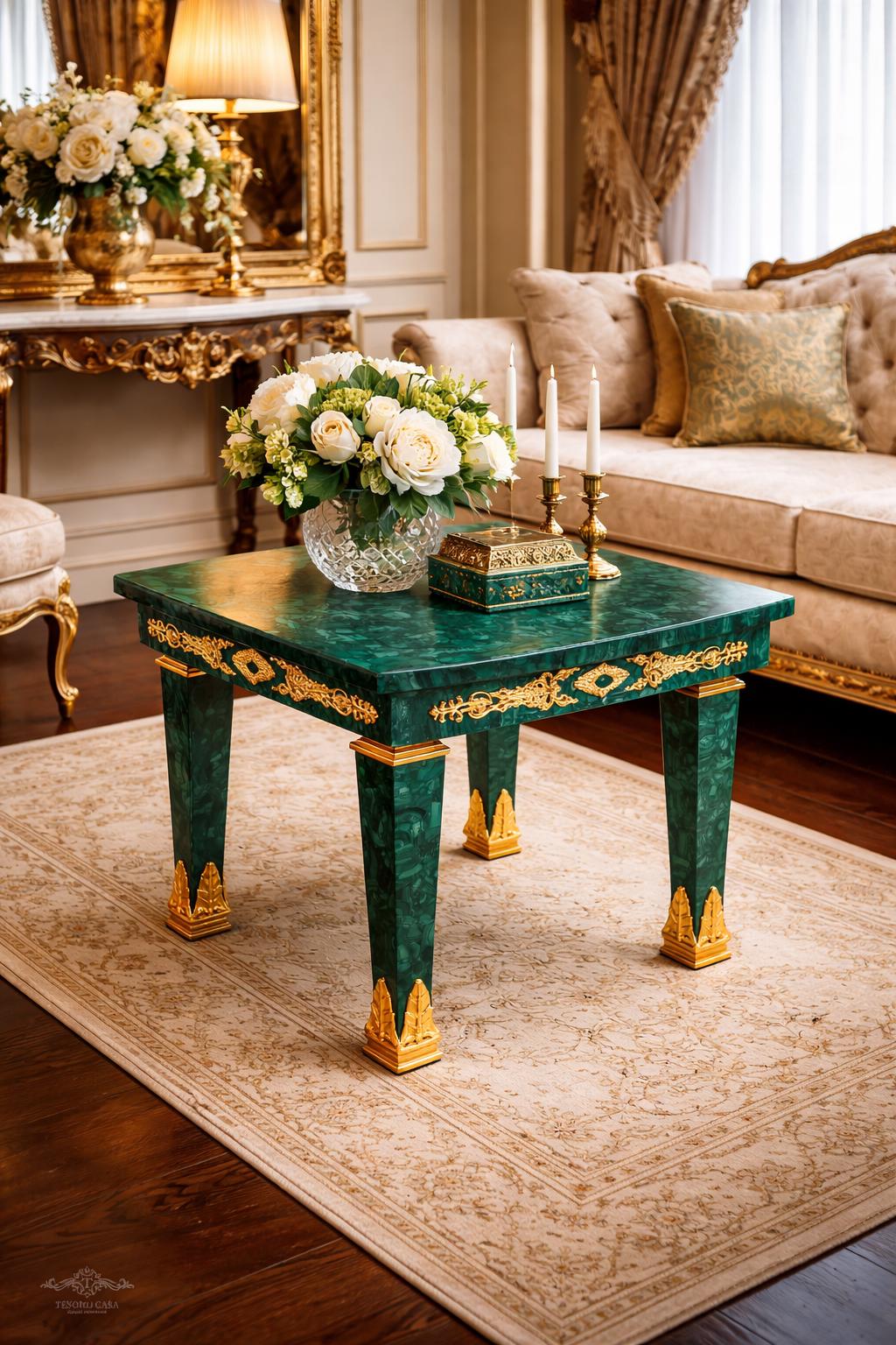 Malachite Majlis Side Table with Brass Gold Plating