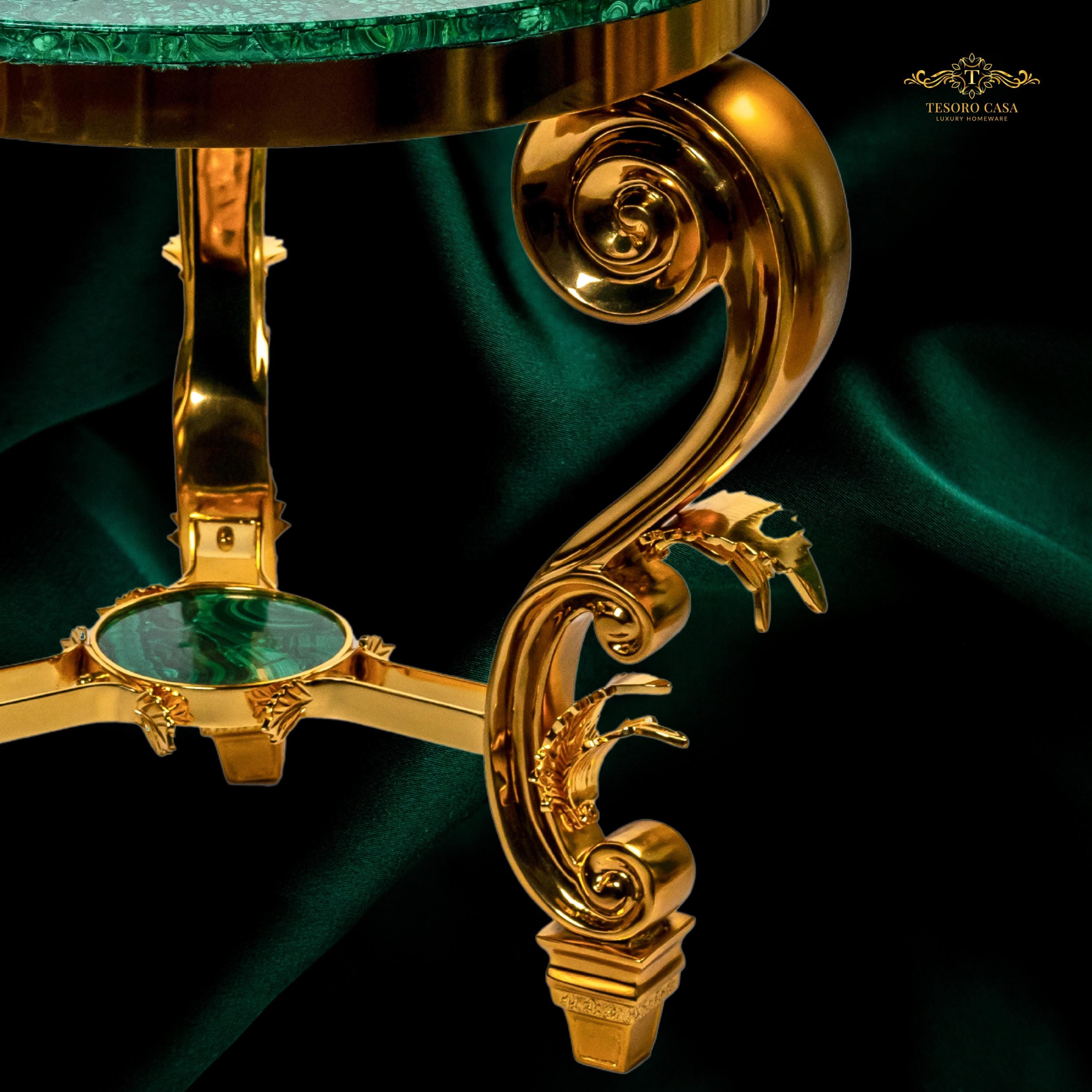 Handcrafted Malachite Round Accent Table with Sculpted Gold Scroll Base