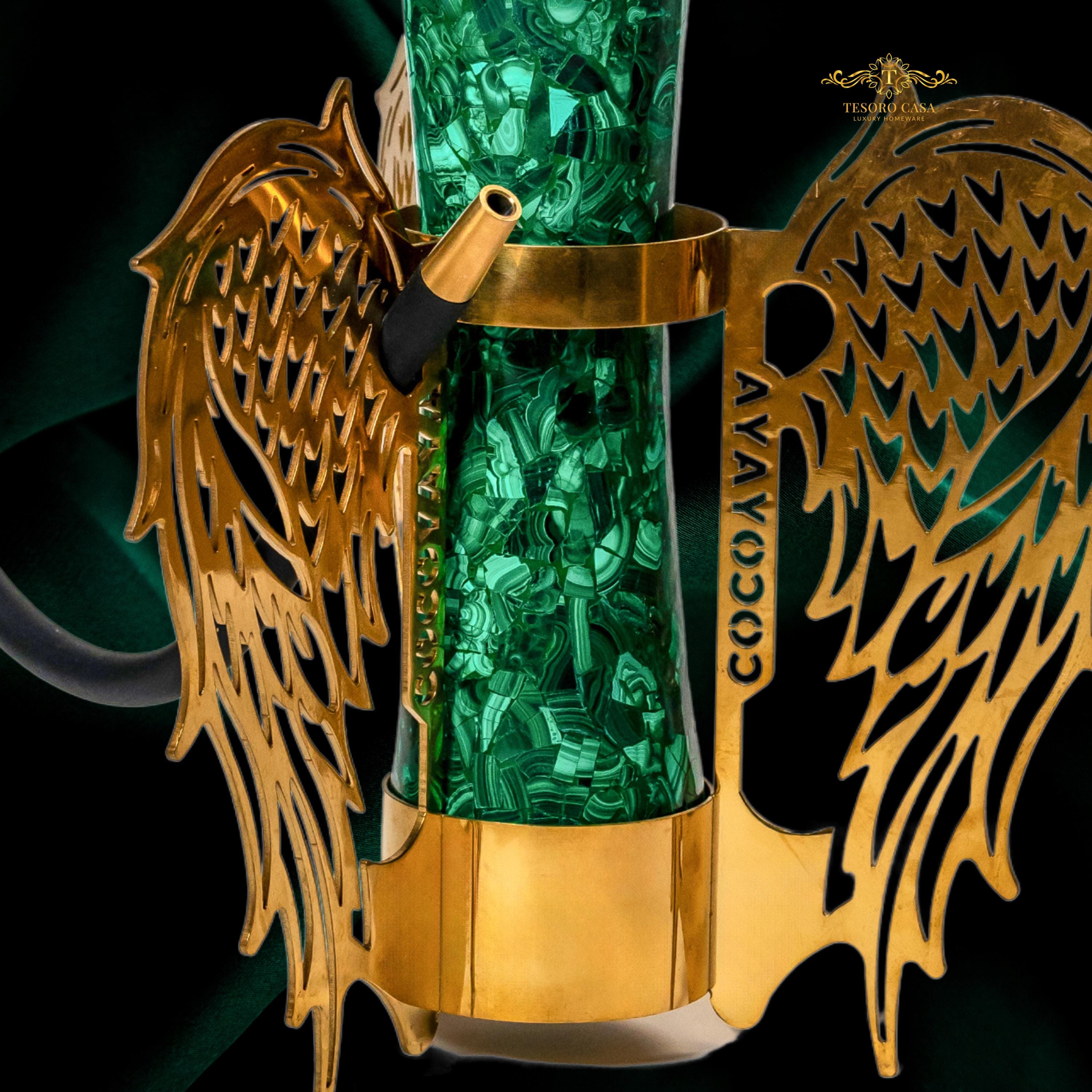 Handcrafted Malachite Sheesha with Ornate Gold Wings