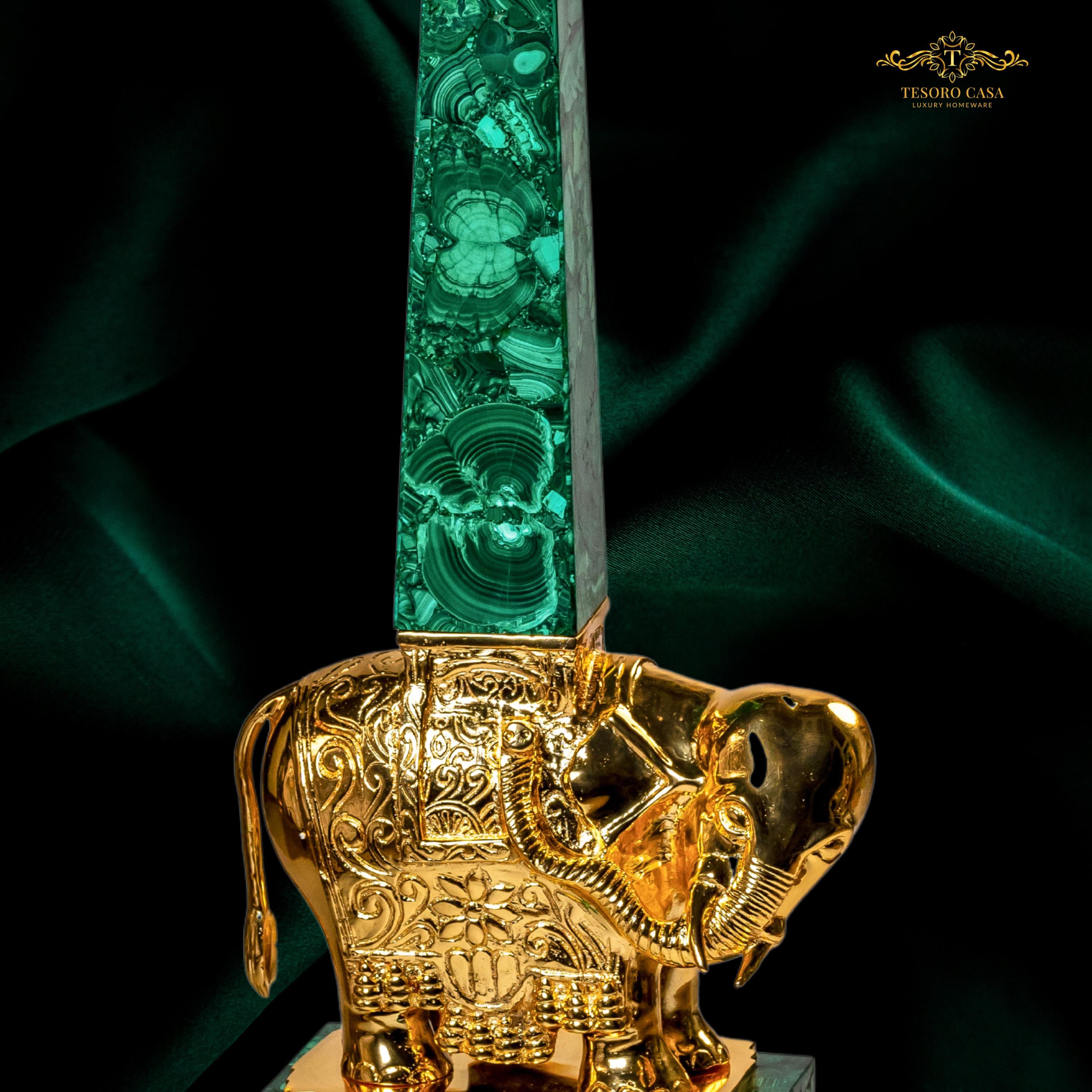 Luxury Malachite Obelisk Pair Handmade Green Stone Sculptures With Gilded Elephant Motif