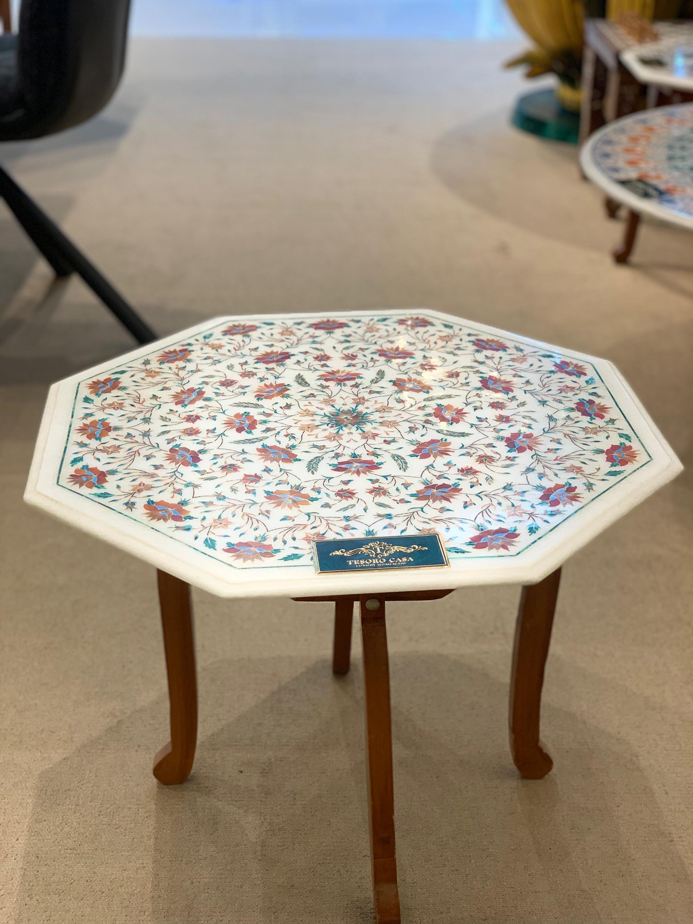 Handcrafted Pietra Dura Marble Inlay Accent Table