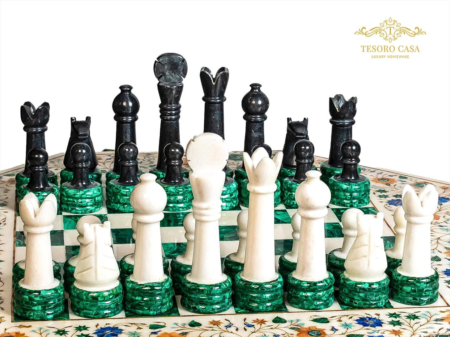 Luxury Marble Inlay & Malachite Chess Table | Handmade Gemstone Chessboard Table | Tesoro Casa