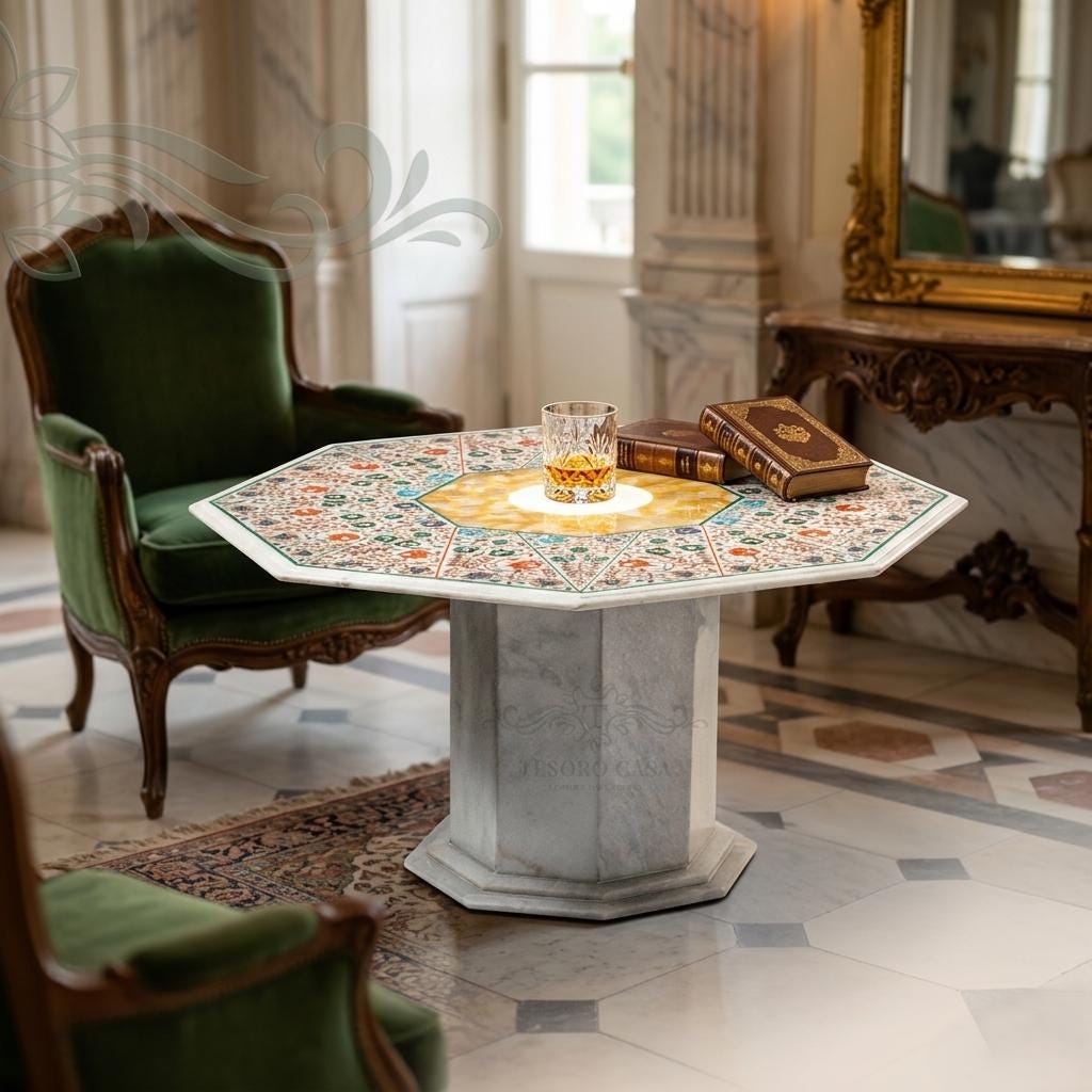 Pietra Dura Marble Dining Table with Yellow Mother of Pearl Inlay