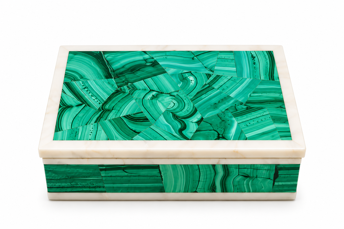 Handcrafted Malachite & White Marble Decorative Jewellery Box
