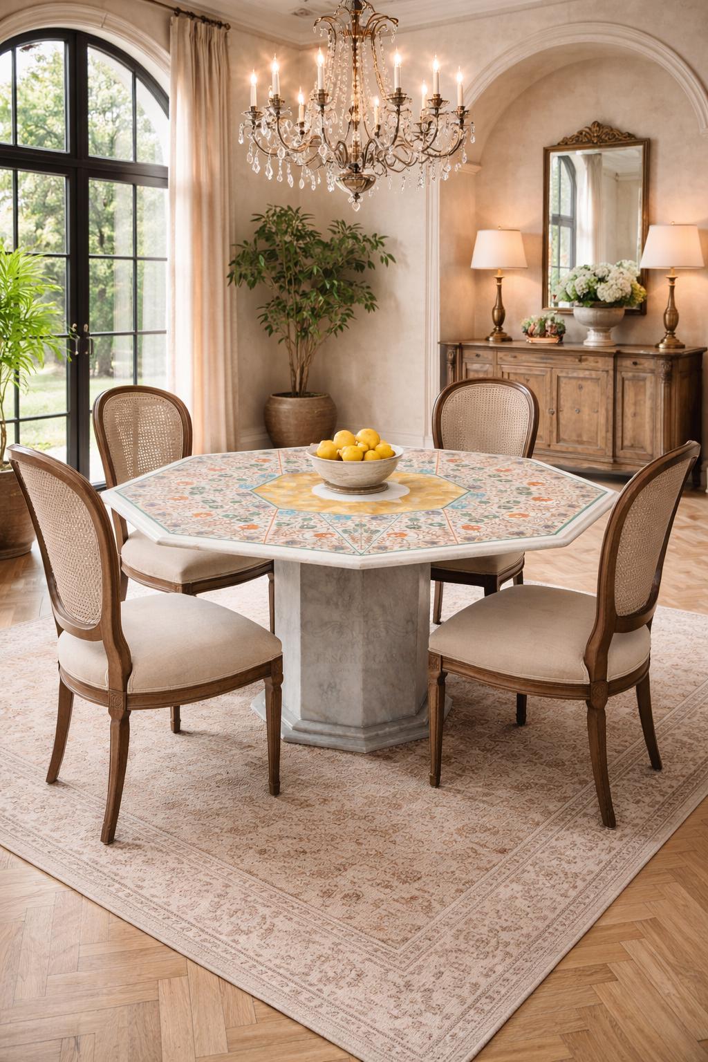 Pietra Dura Marble Dining Table with Yellow Mother of Pearl Inlay