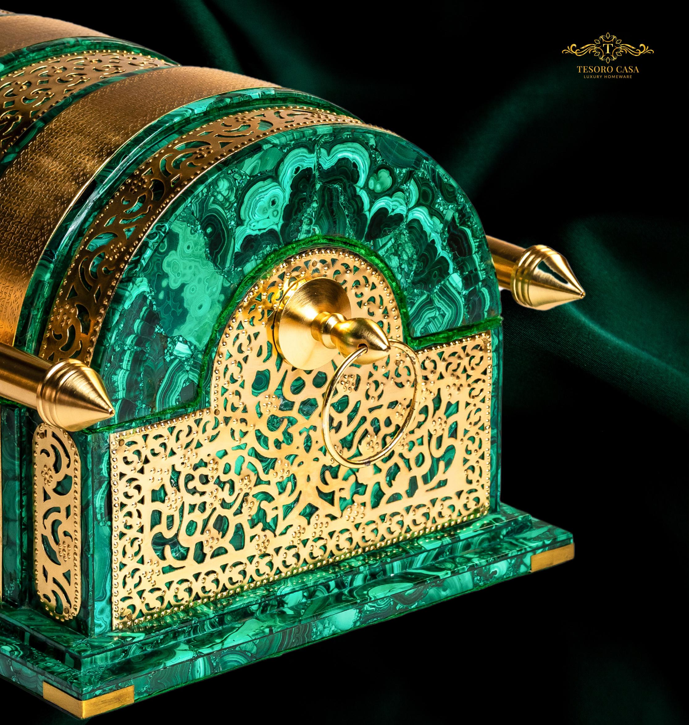 Malachite Oud Box – Handcrafted Brass & Semi-Precious Stone Luxury Arabic Oud Storage Chest