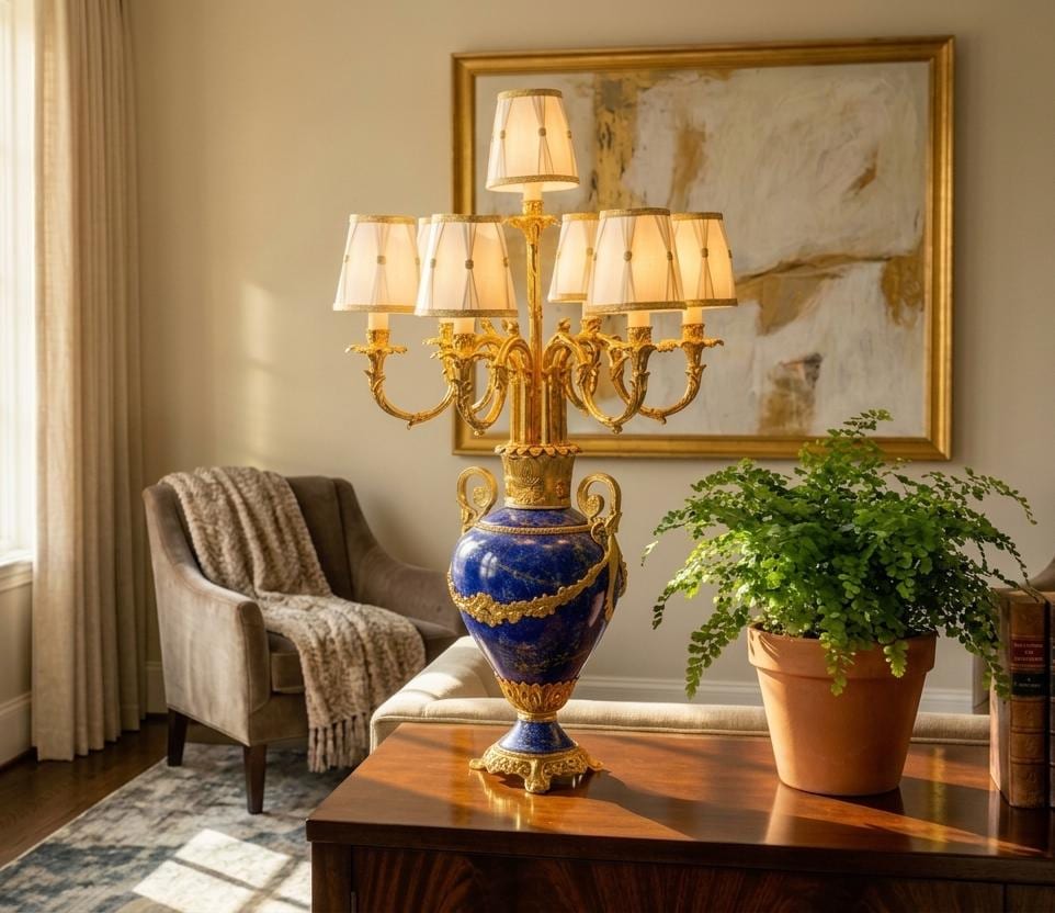 Grand Lapis Lazuli & Gold Eight-Arm Luxury Candelabra Lamp