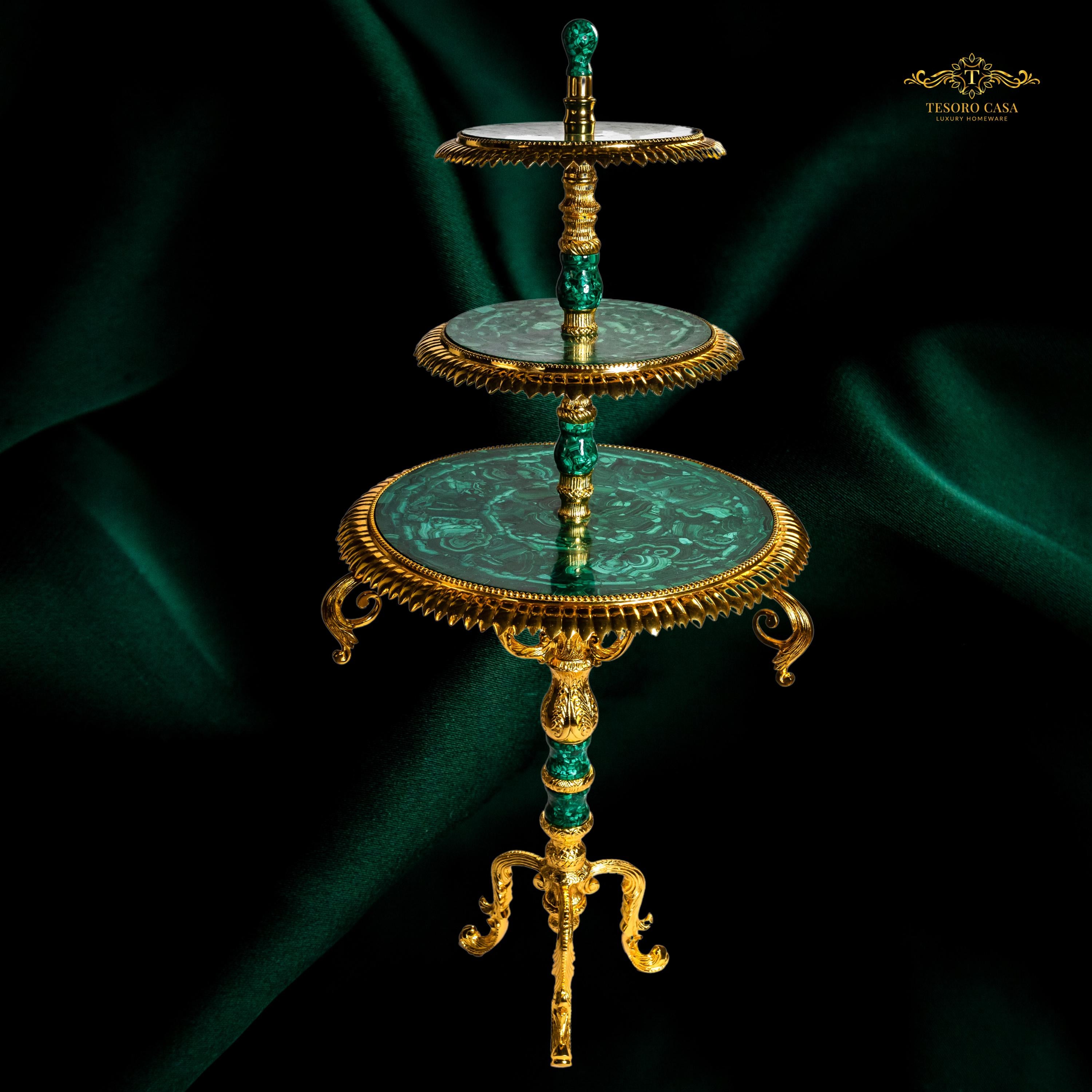 Handcrafted Malachite 3-Tier Decorative Serving Stand