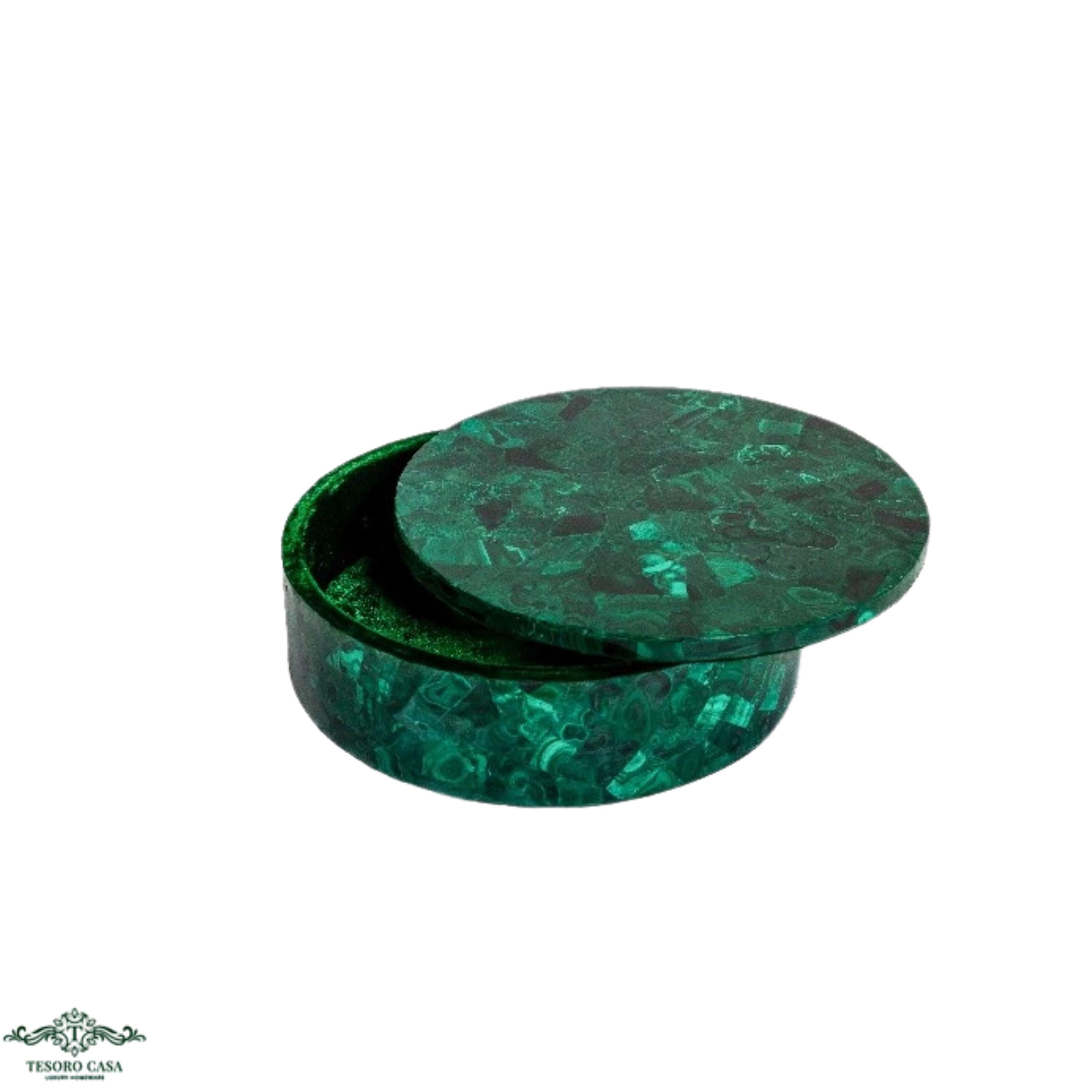 Handcrafted Round Malachite Jewellery Box: Luxury Gemstone Storage Accent