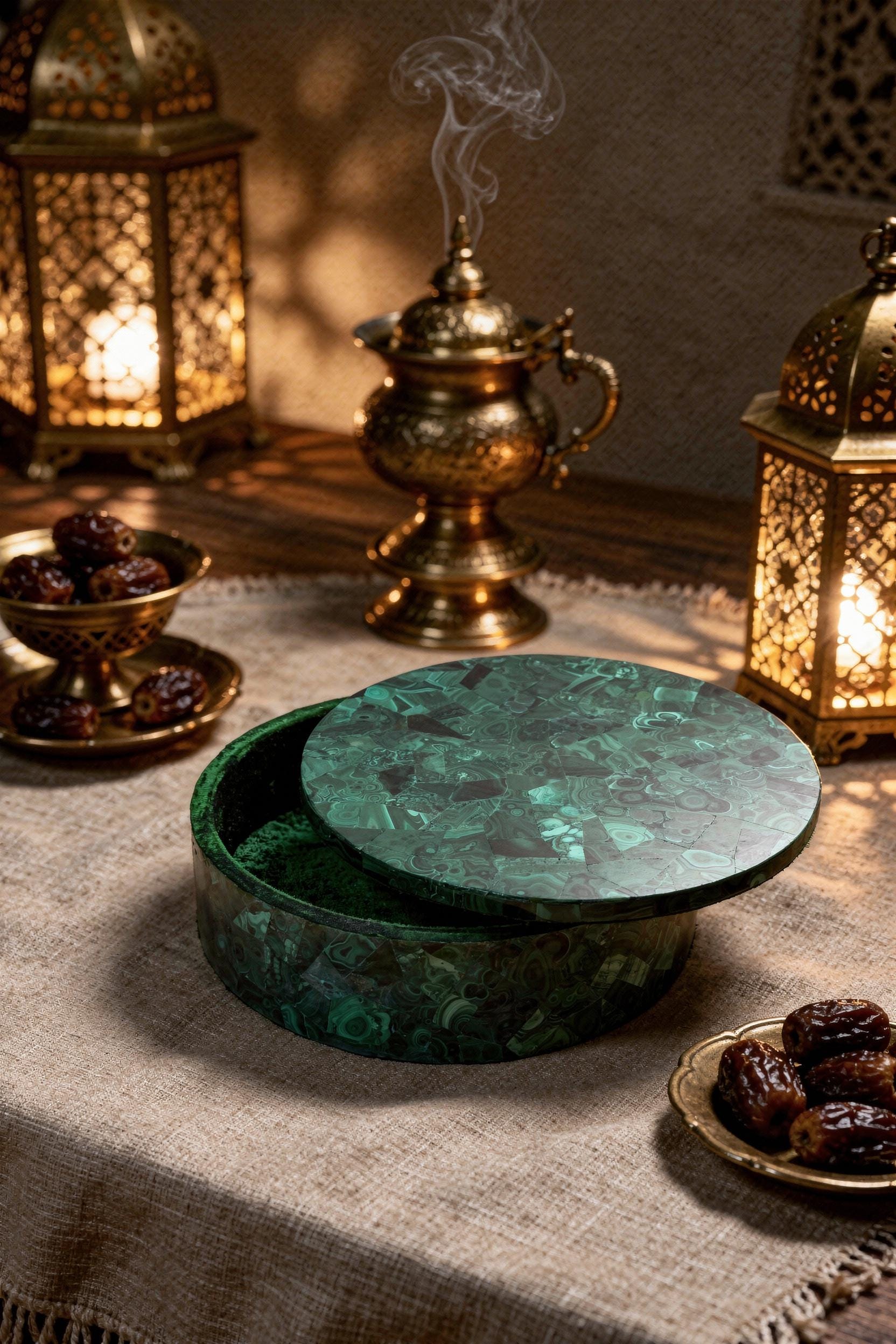 Handcrafted Round Malachite Jewellery Box: Luxury Gemstone Storage Accent