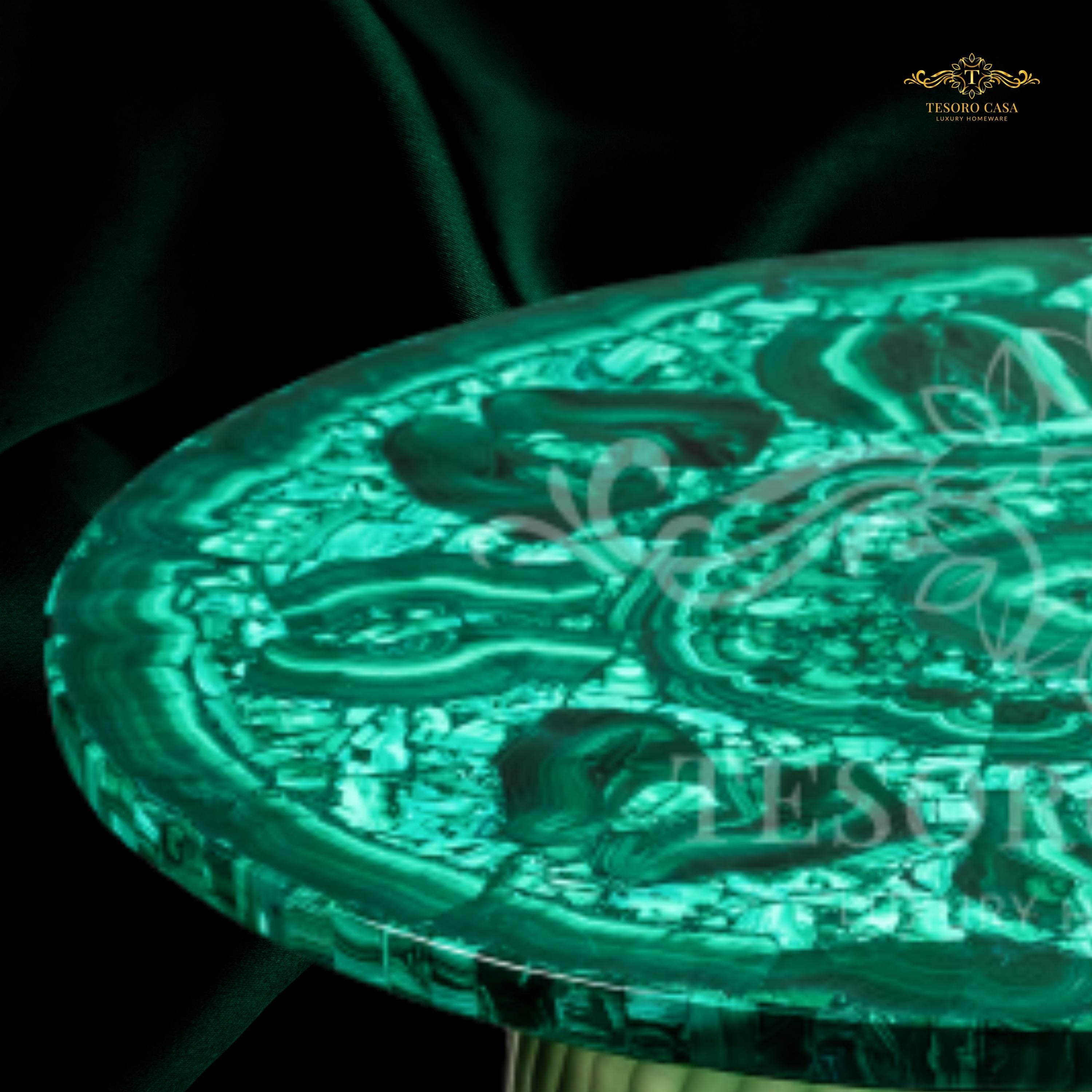 Handcrafted Malachite Gemstone Accent Table With Sculptural Green Glass Base