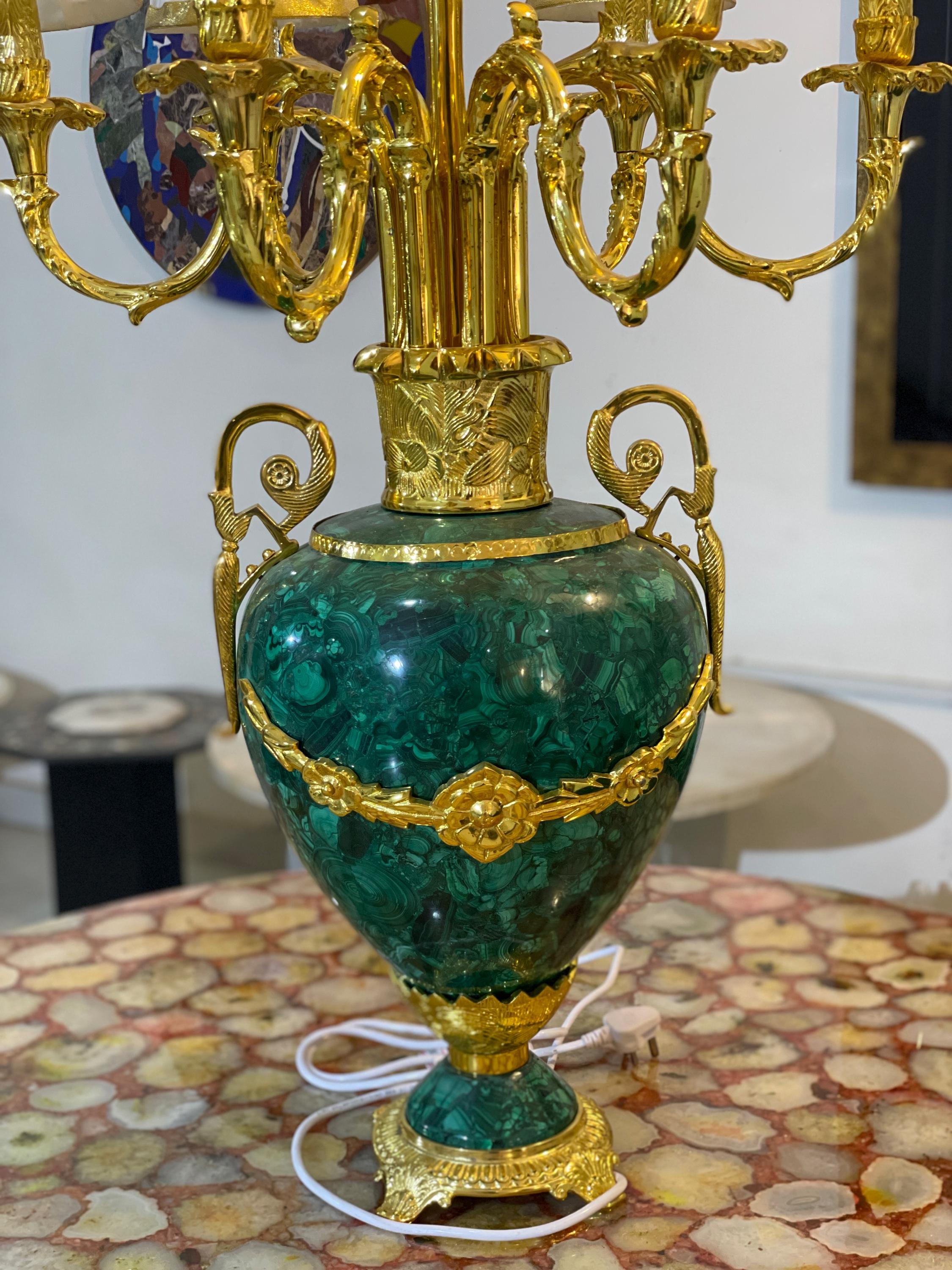Grand Malachite & Gold Eight-Arm Luxury Candelabra Lamp