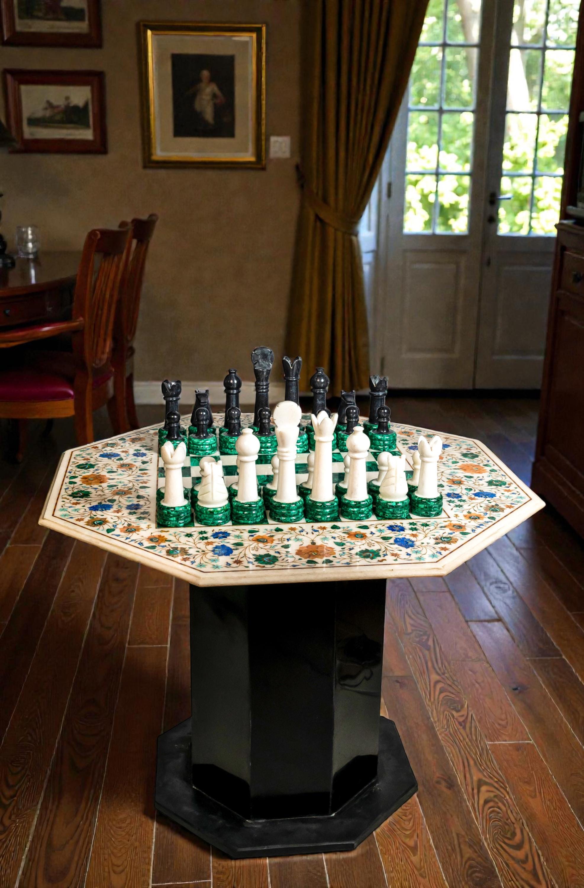 Luxury Marble Inlay & Malachite Chess Table | Handmade Gemstone Chessboard Table | Tesoro Casa