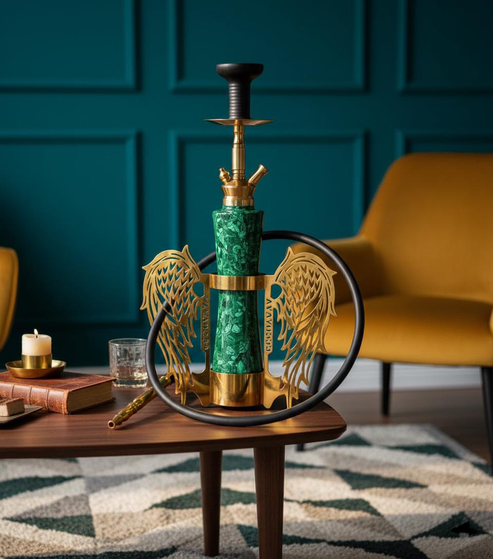 Handcrafted Malachite Sheesha with Ornate Gold Wings