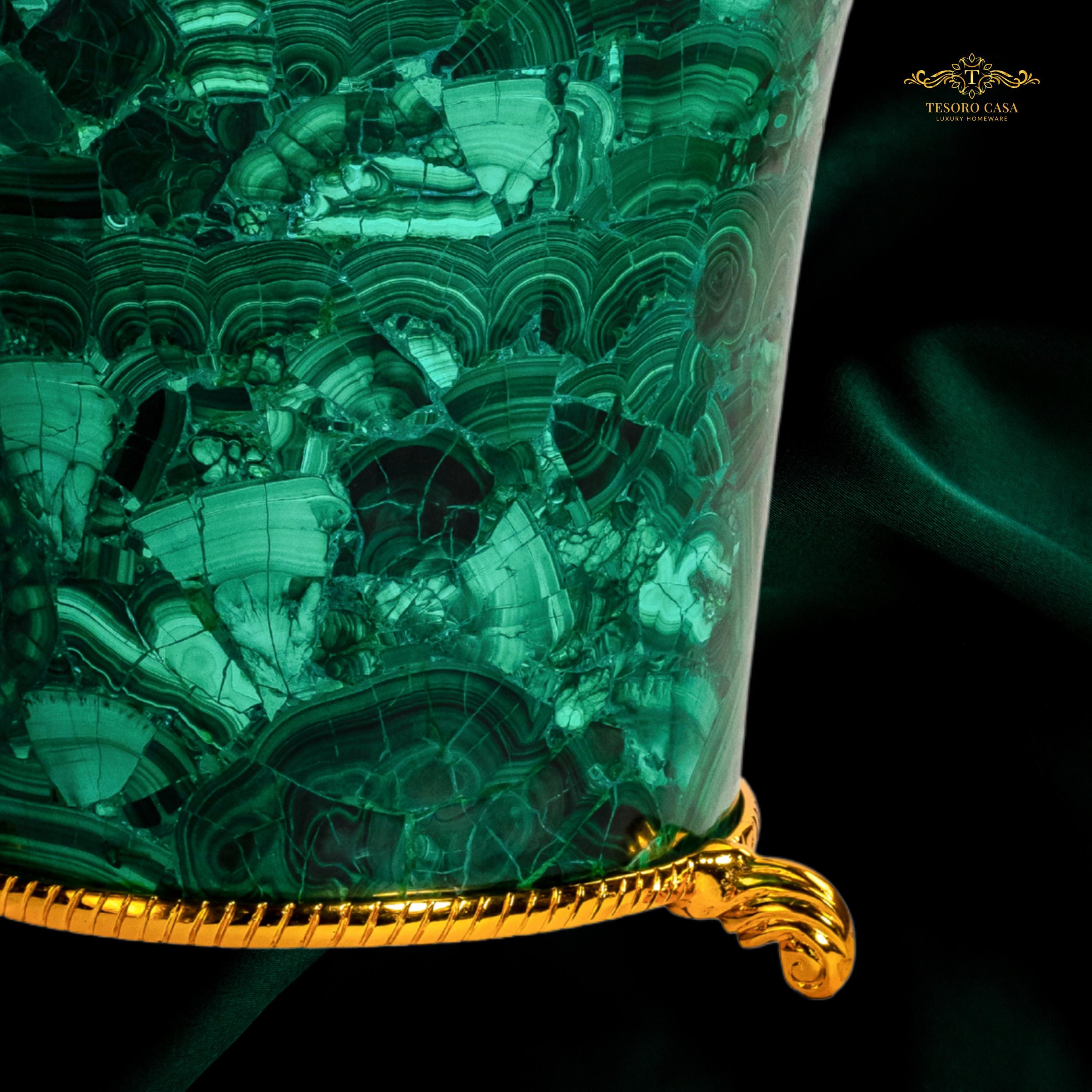 Malachite Luxury Waste Bin with Gold Interior