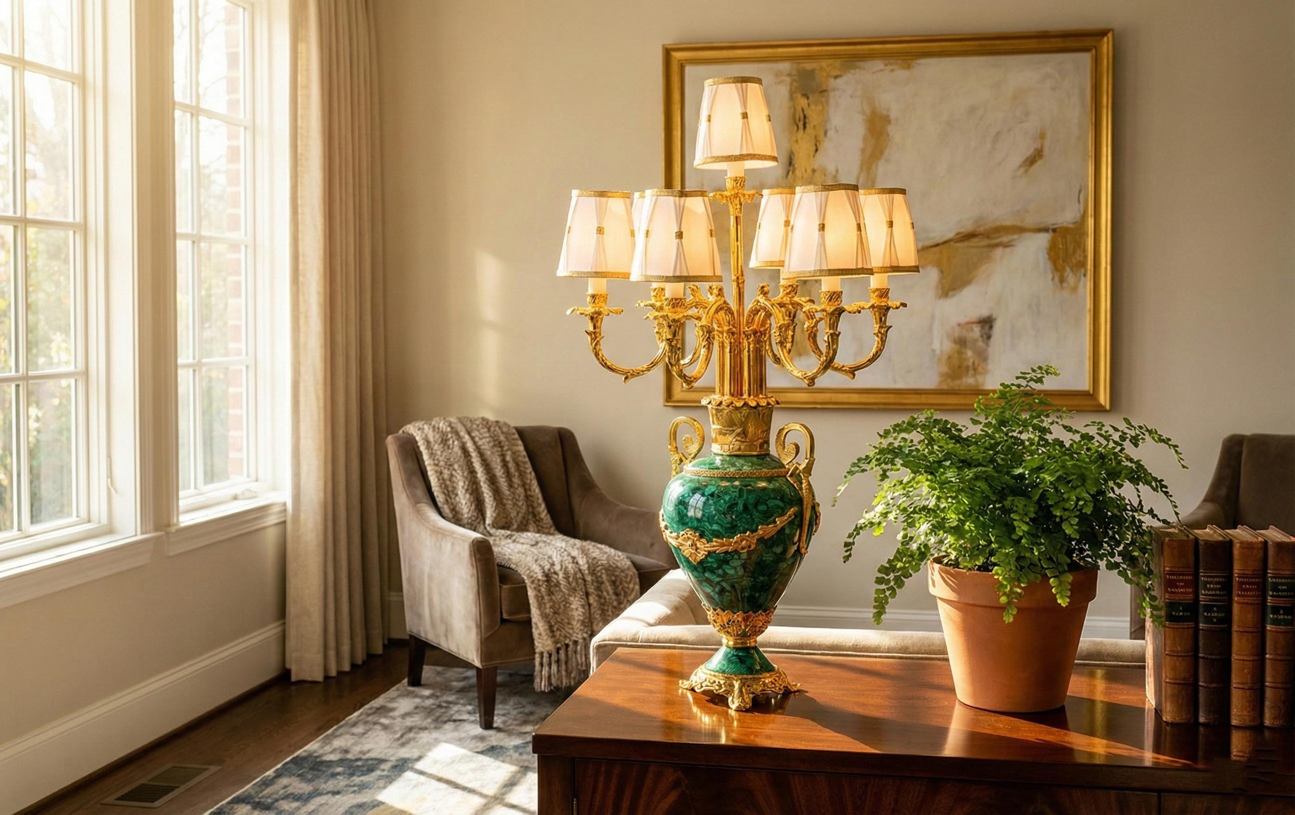Grand Malachite & Gold Eight-Arm Luxury Candelabra Lamp