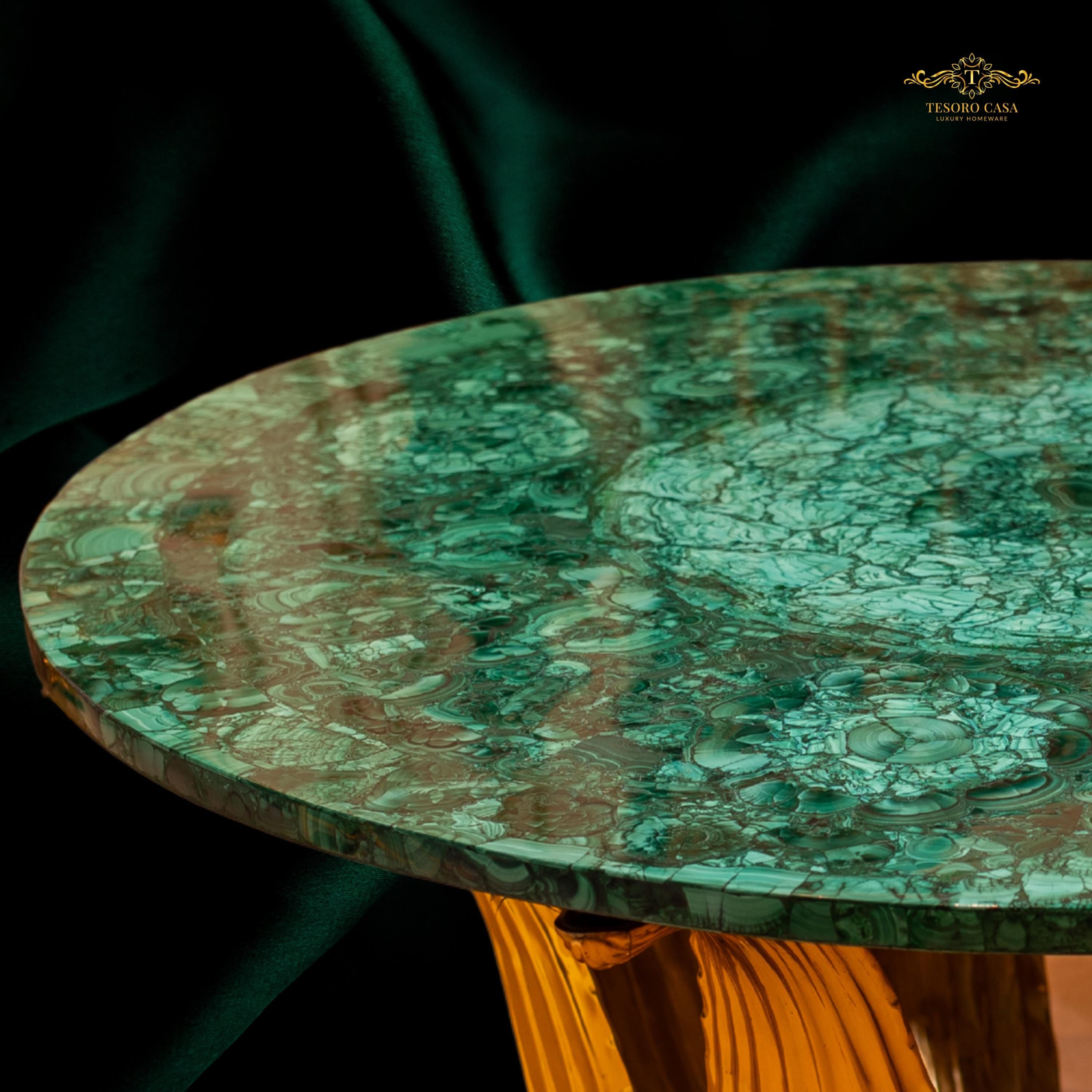 Handcrafted Malachite Lotus Table with Sculptural Gold Base