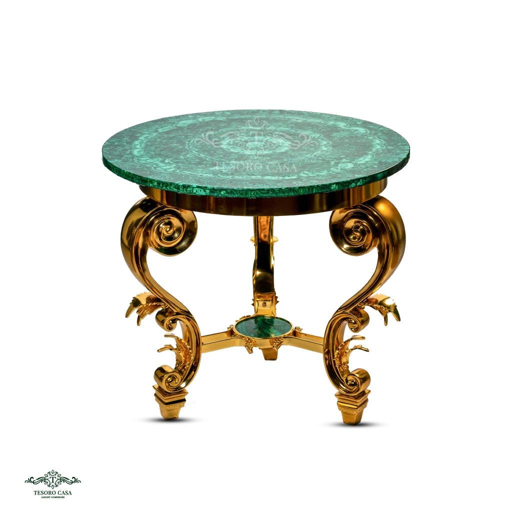 Handcrafted Malachite Round Accent Table with Sculpted Gold Scroll Base