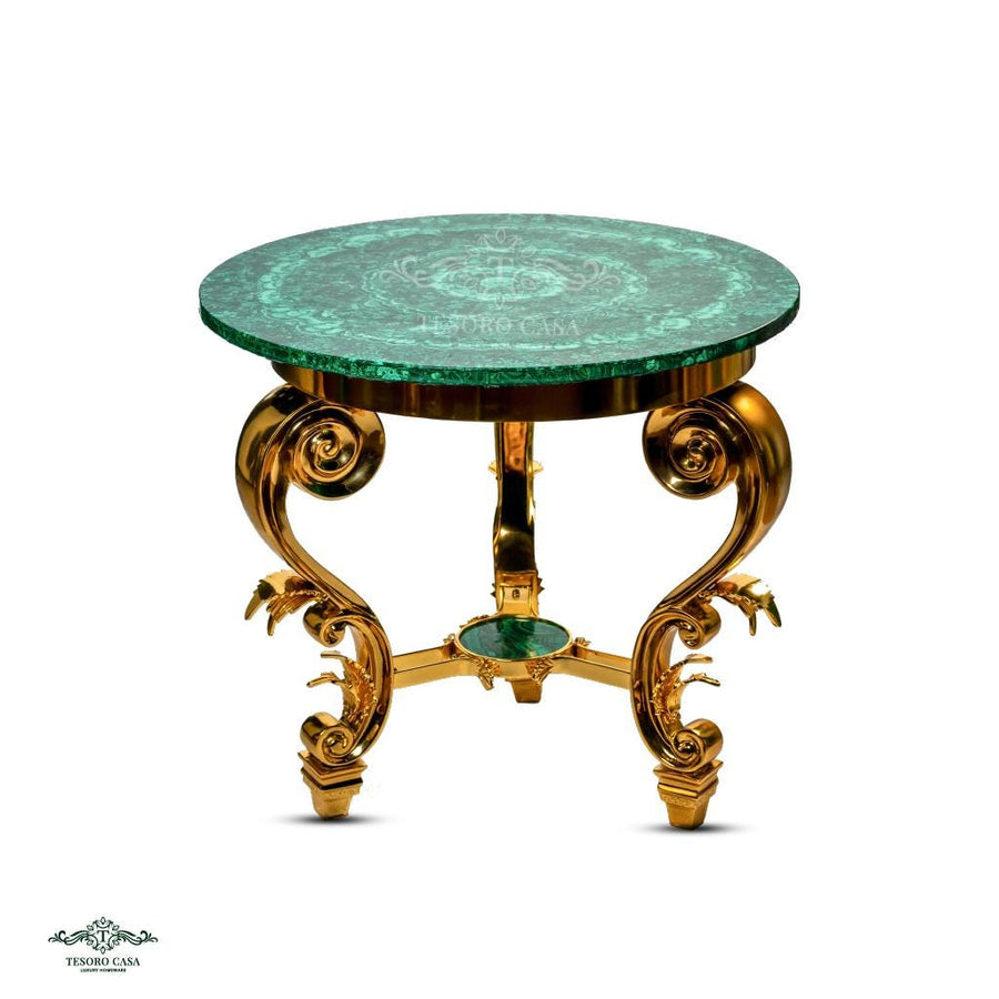 Handcrafted Malachite Round Accent Table with Sculpted Gold Scroll Base