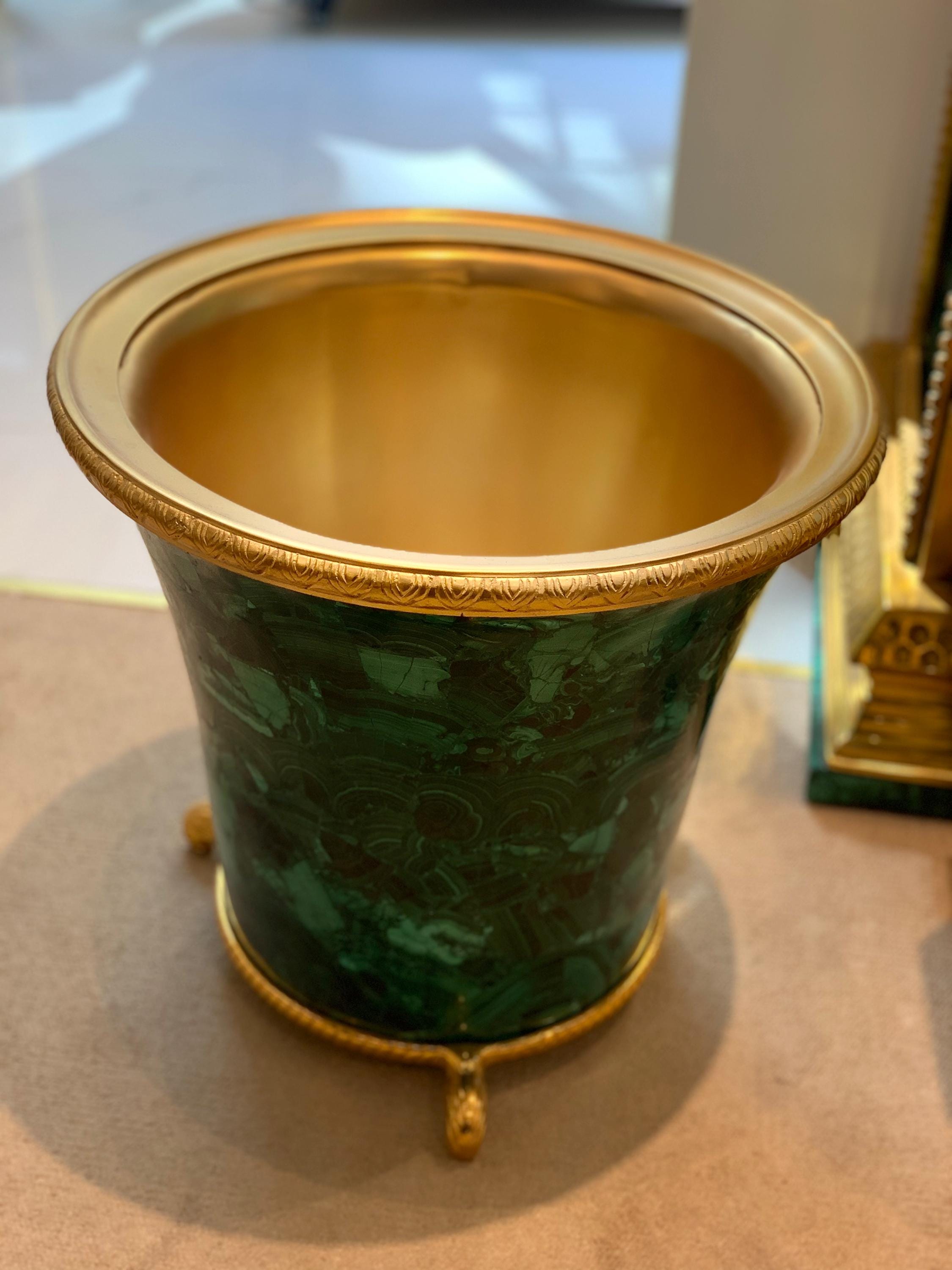 Malachite Luxury Waste Bin with Gold Interior