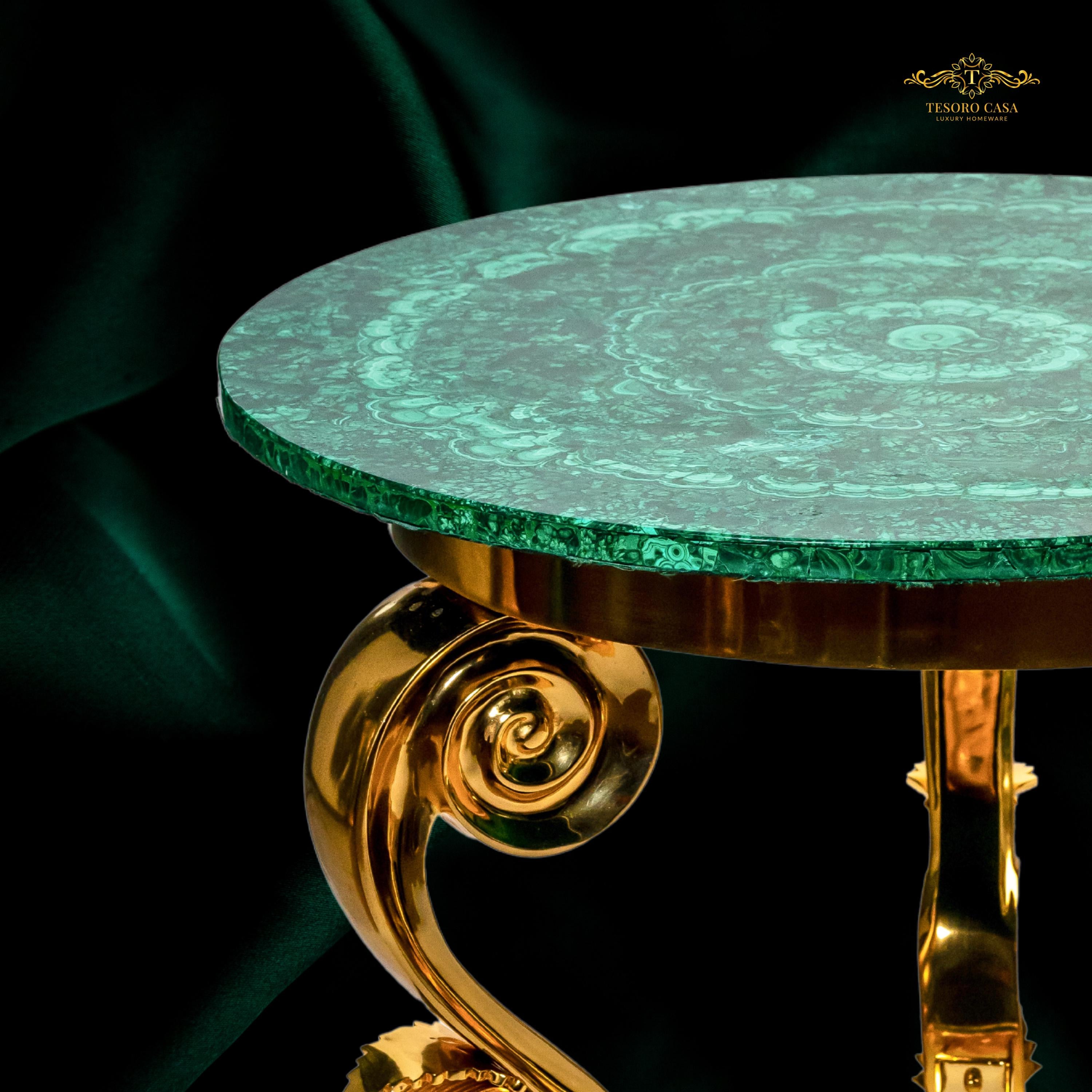 Handcrafted Malachite Round Accent Table with Sculpted Gold Scroll Base