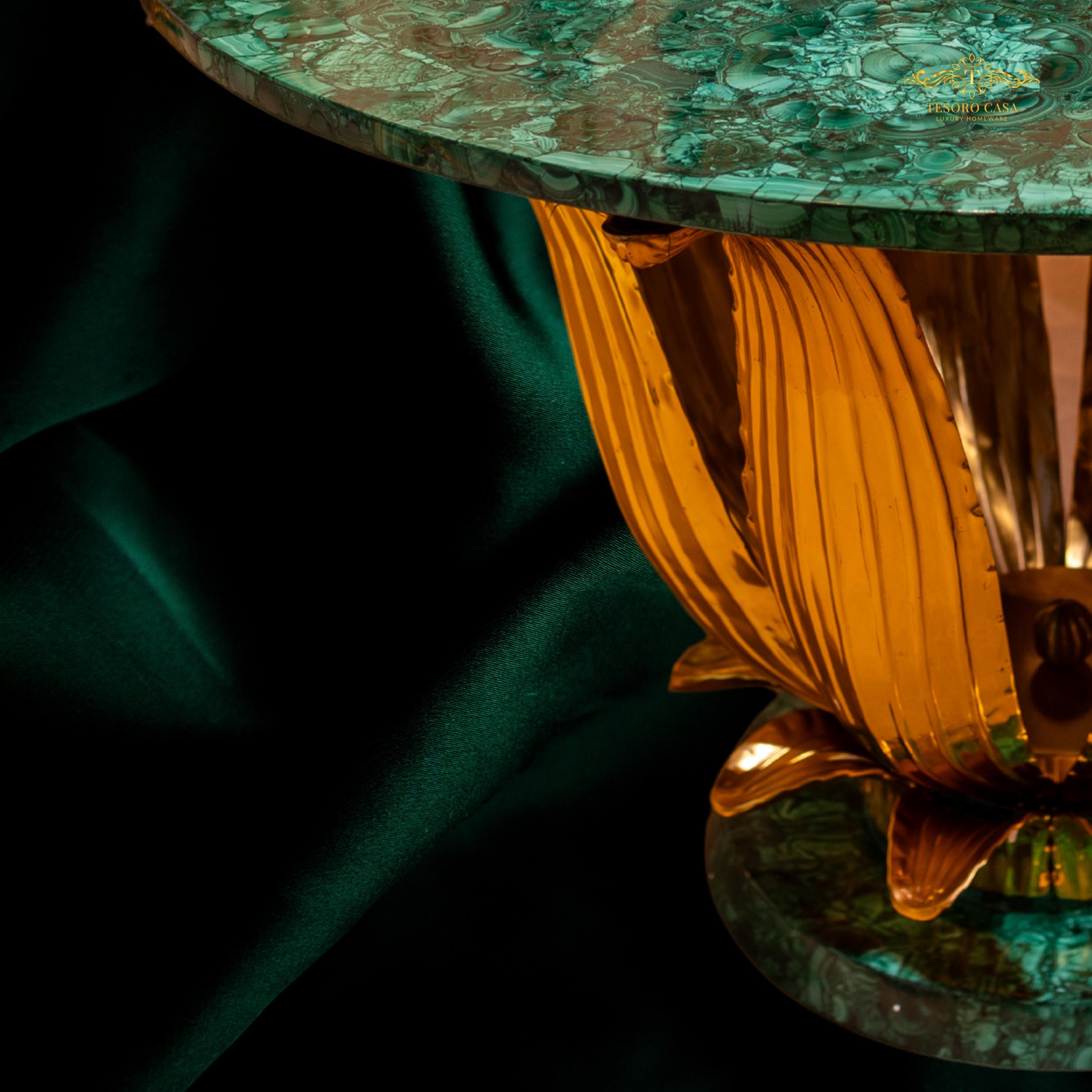 Handcrafted Malachite Lotus Table with Sculptural Gold Base