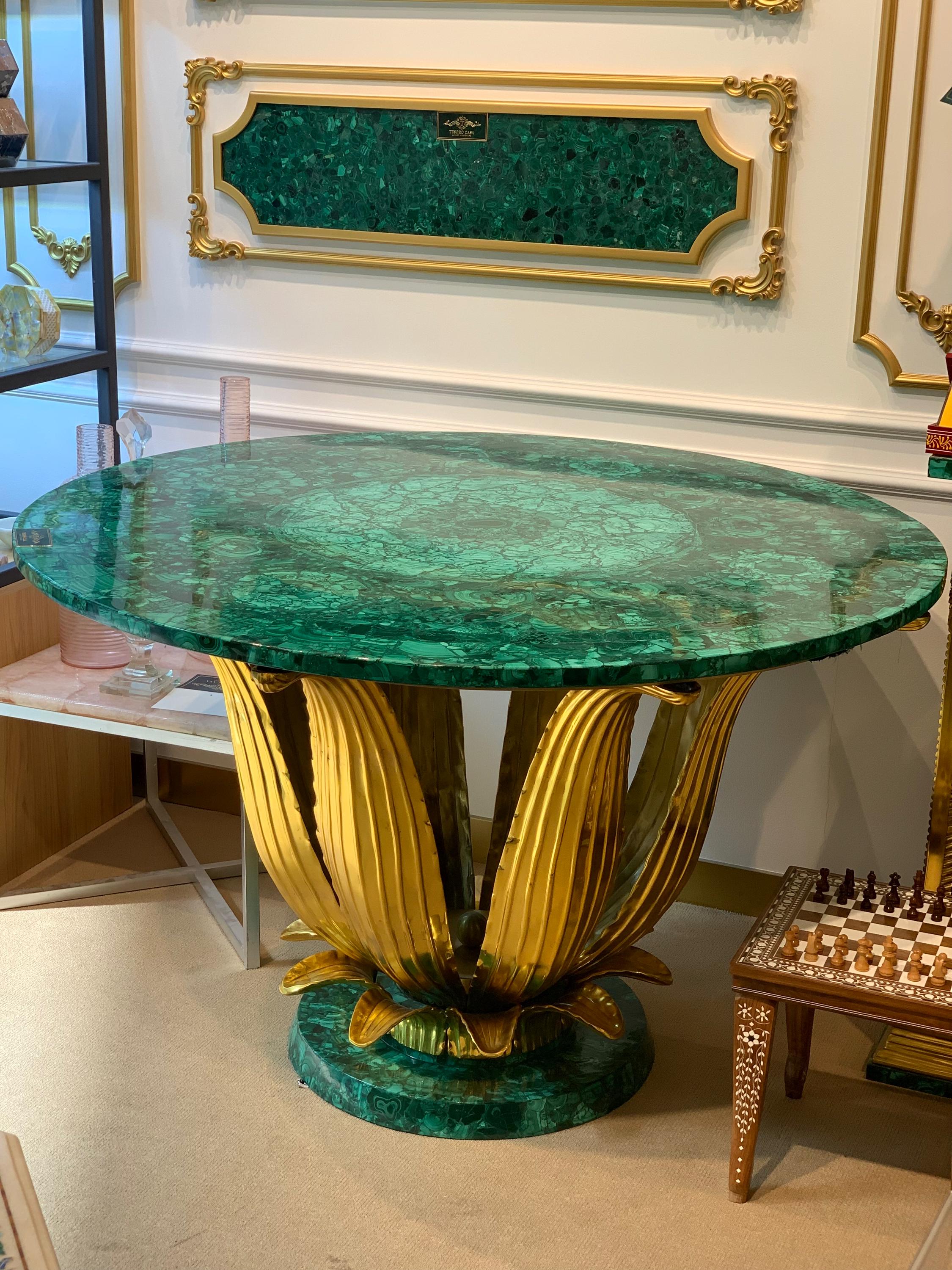 Handcrafted Malachite Lotus Table with Sculptural Gold Base