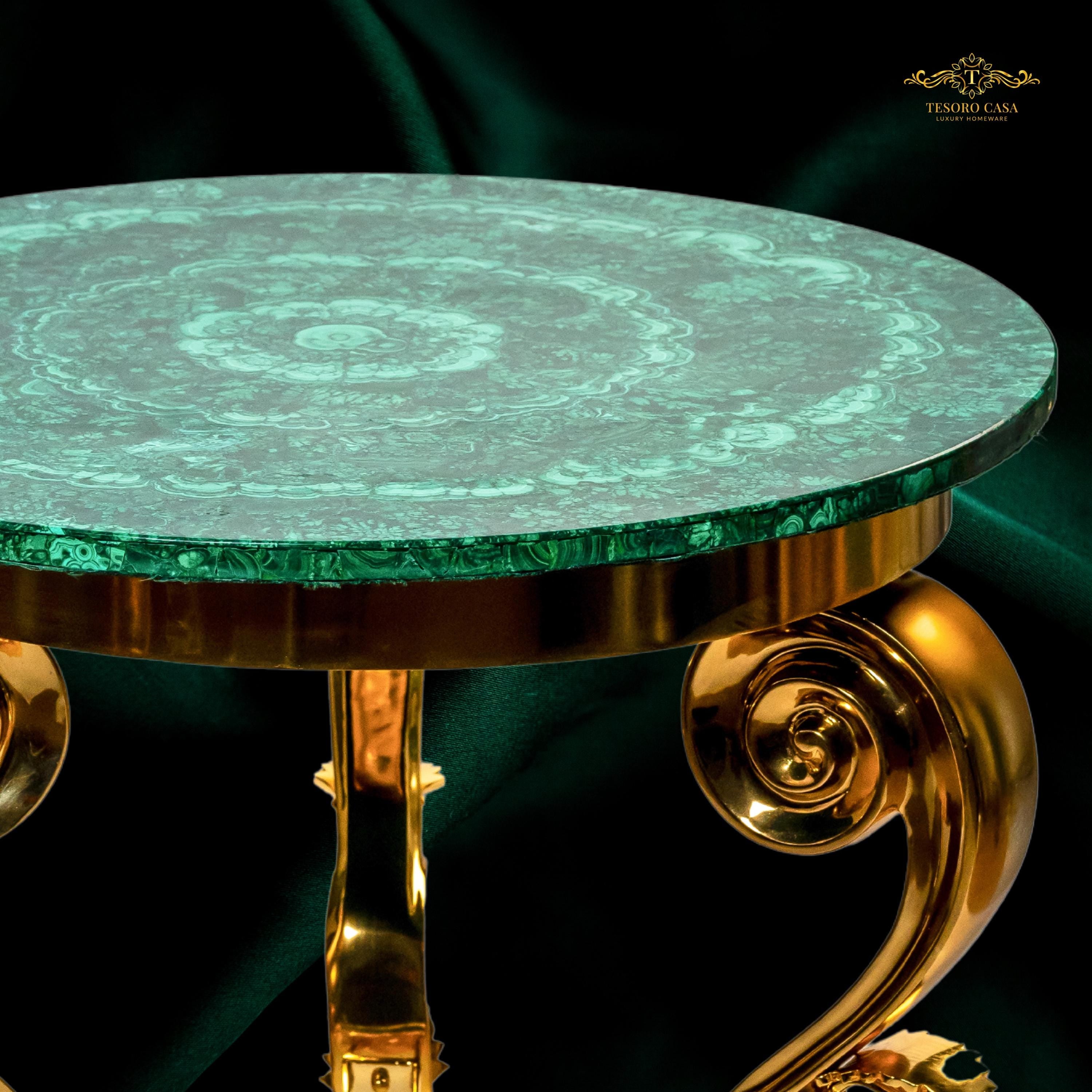 Handcrafted Malachite Round Accent Table with Sculpted Gold Scroll Base