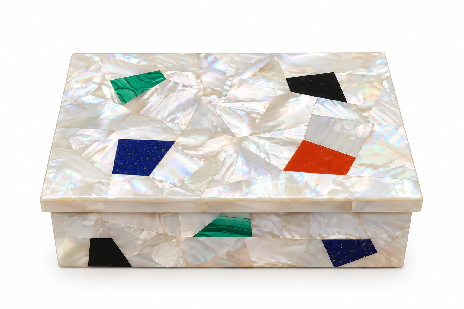 Handcrafted Mother of Pearl Mosaic Decorative Storage Box with Gemstone Inlay