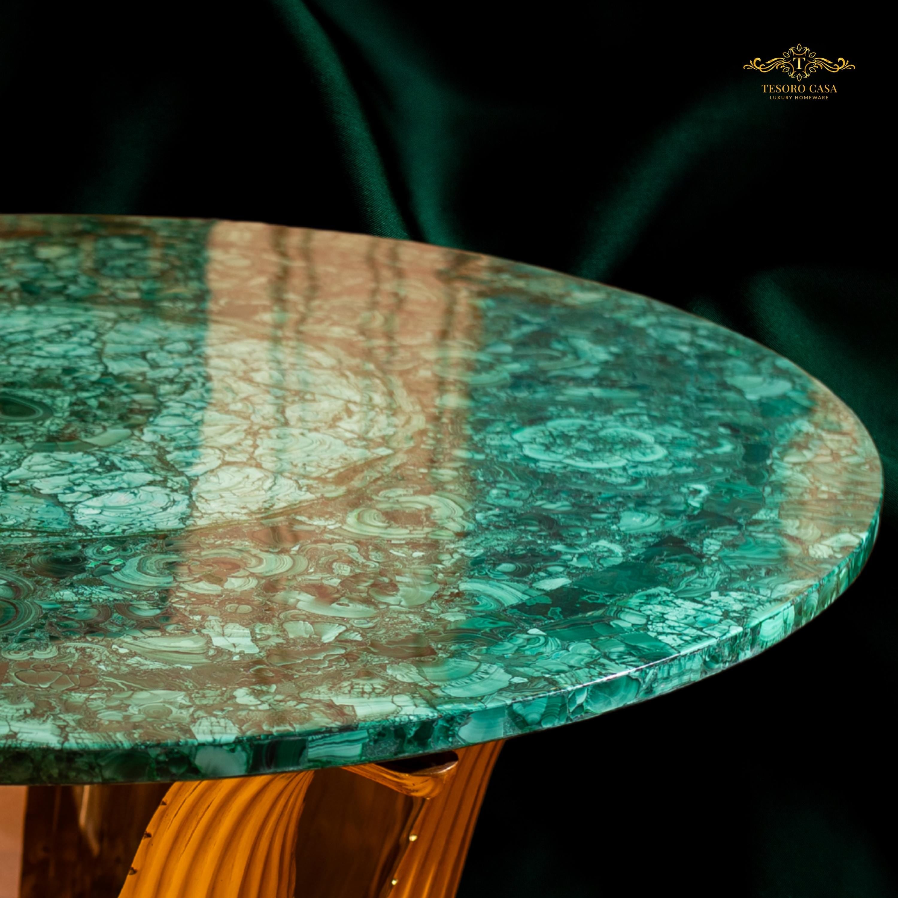 Handcrafted Malachite Lotus Table with Sculptural Gold Base
