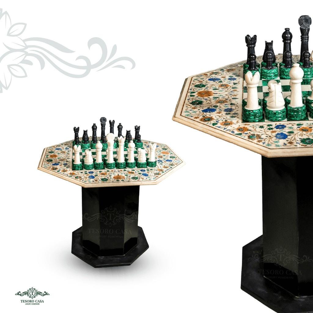 Luxury Marble Inlay & Malachite Chess Table | Handmade Gemstone Chessboard Table | Tesoro Casa