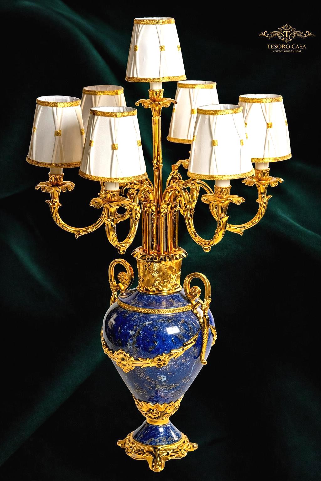 Grand Lapis Lazuli & Gold Eight-Arm Luxury Candelabra Lamp