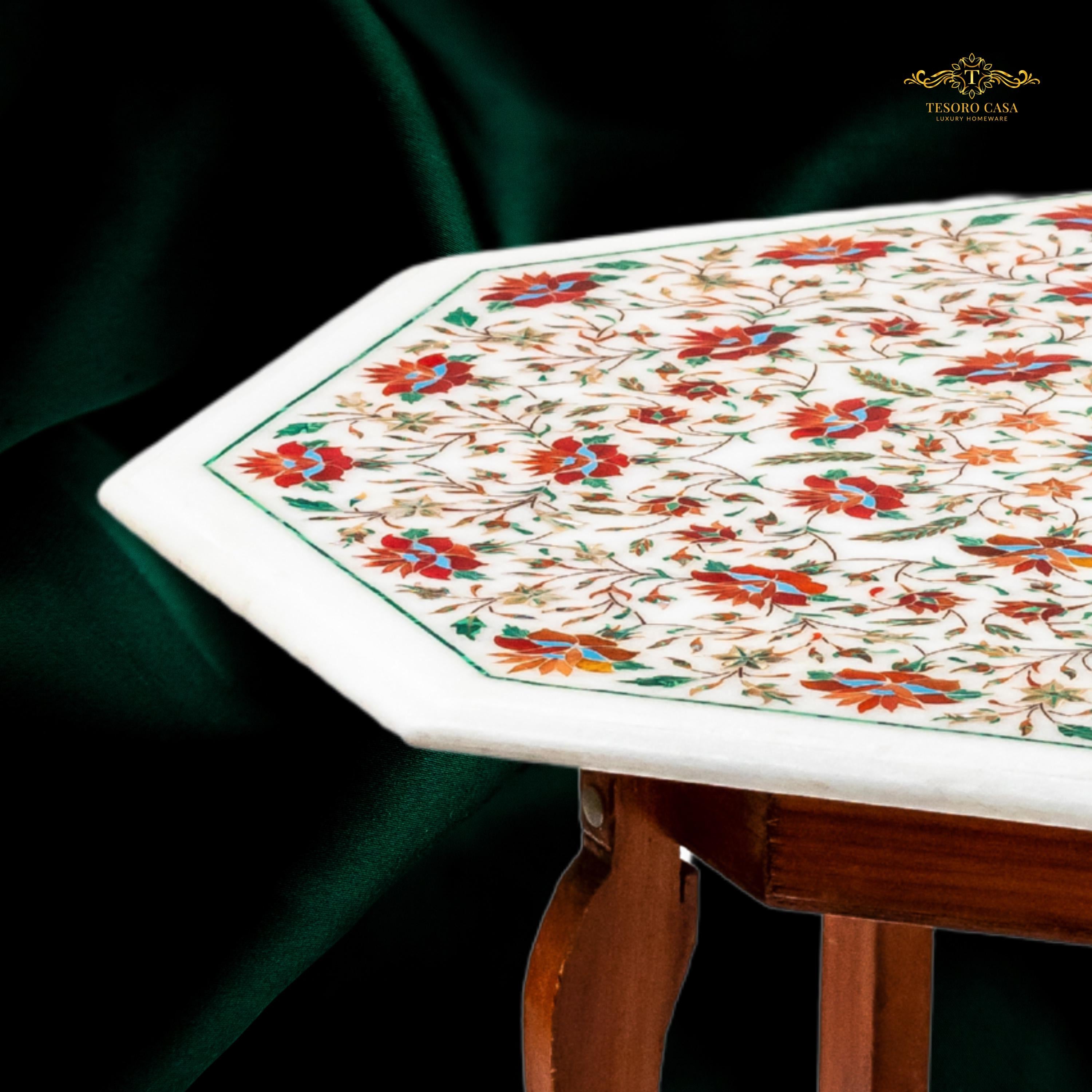 Handcrafted Pietra Dura Marble Inlay Accent Table