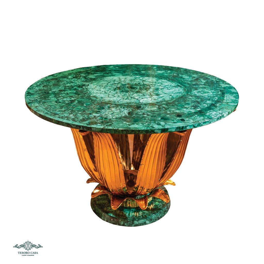 Handcrafted Malachite Lotus Table with Sculptural Gold Base
